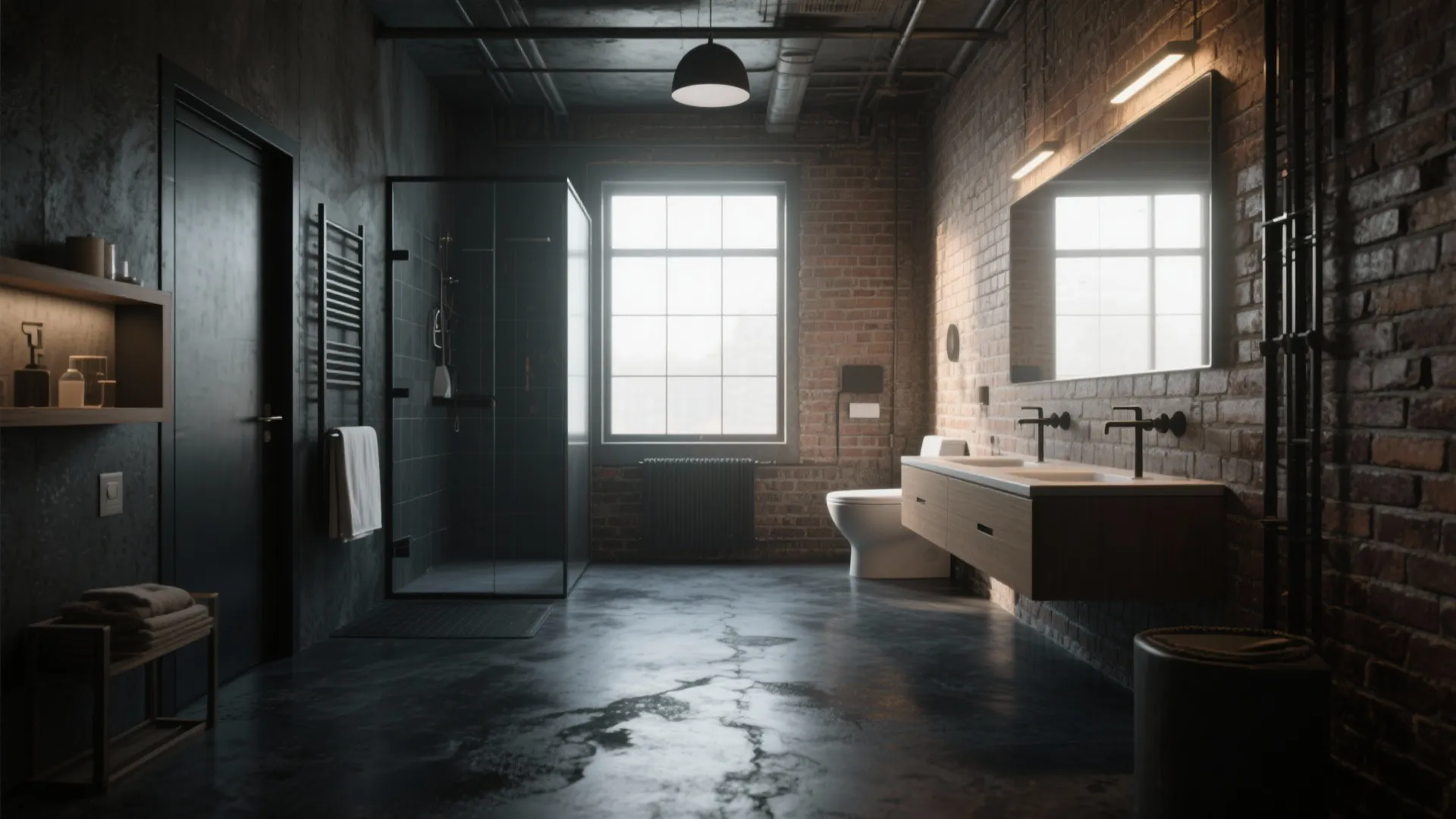 Industrial bathroom with red brick walls dark concrete floor wooden vanity and glass shower cabin