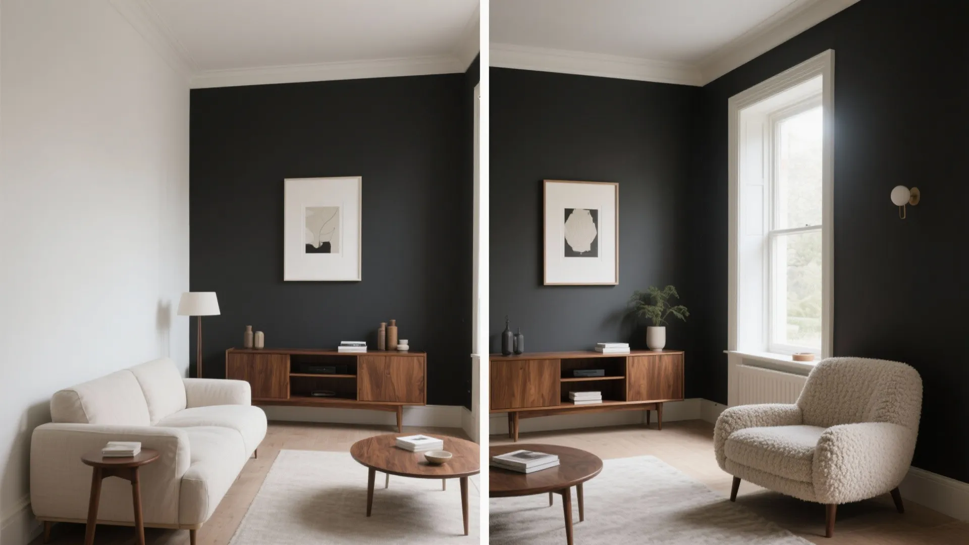 Side by side comparison of living rooms with charcoal walls wood cabinet and soft furniture
