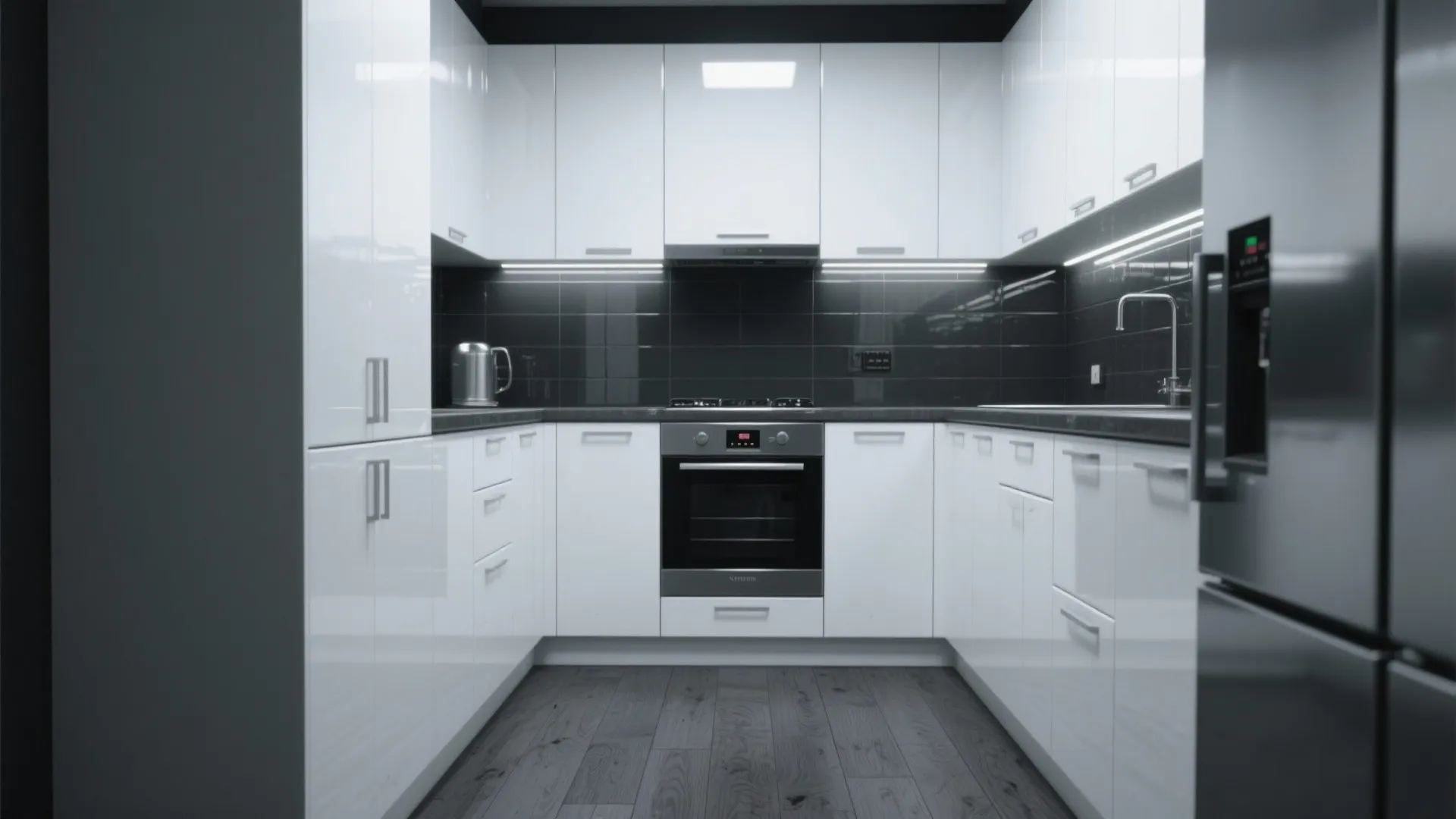 Modern kitchen with white cabinets black tiled backsplash built in oven and dark wood flooring