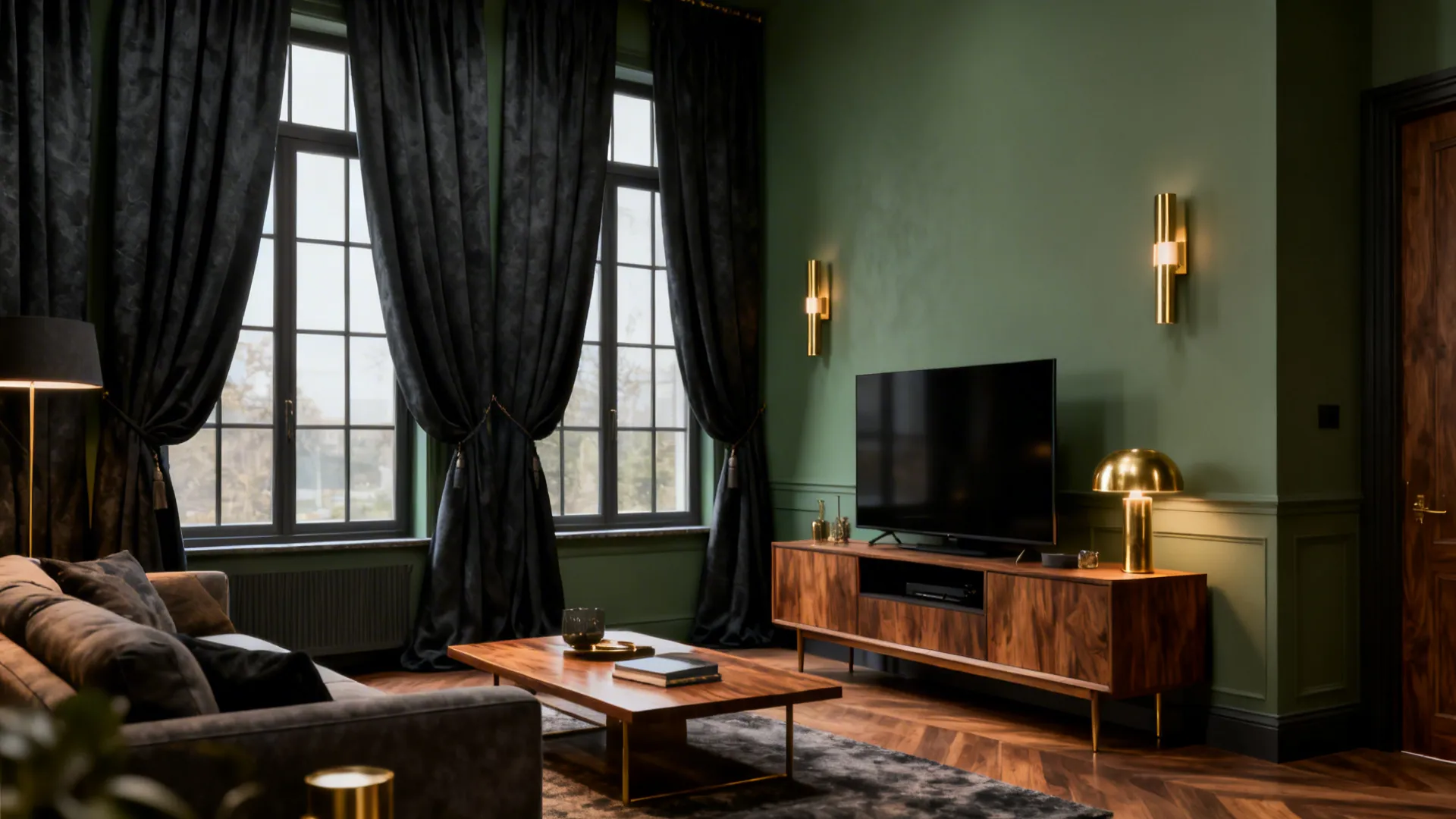 Dark green living room with black curtains wooden cabinet gold wall lights and a television