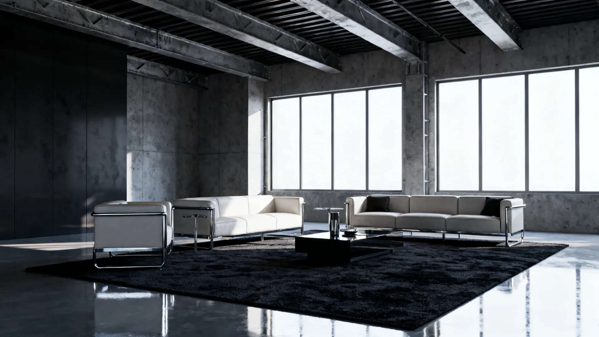 Minimalist living room with a deep charcoal rug contrasting light furniture and metallic accents