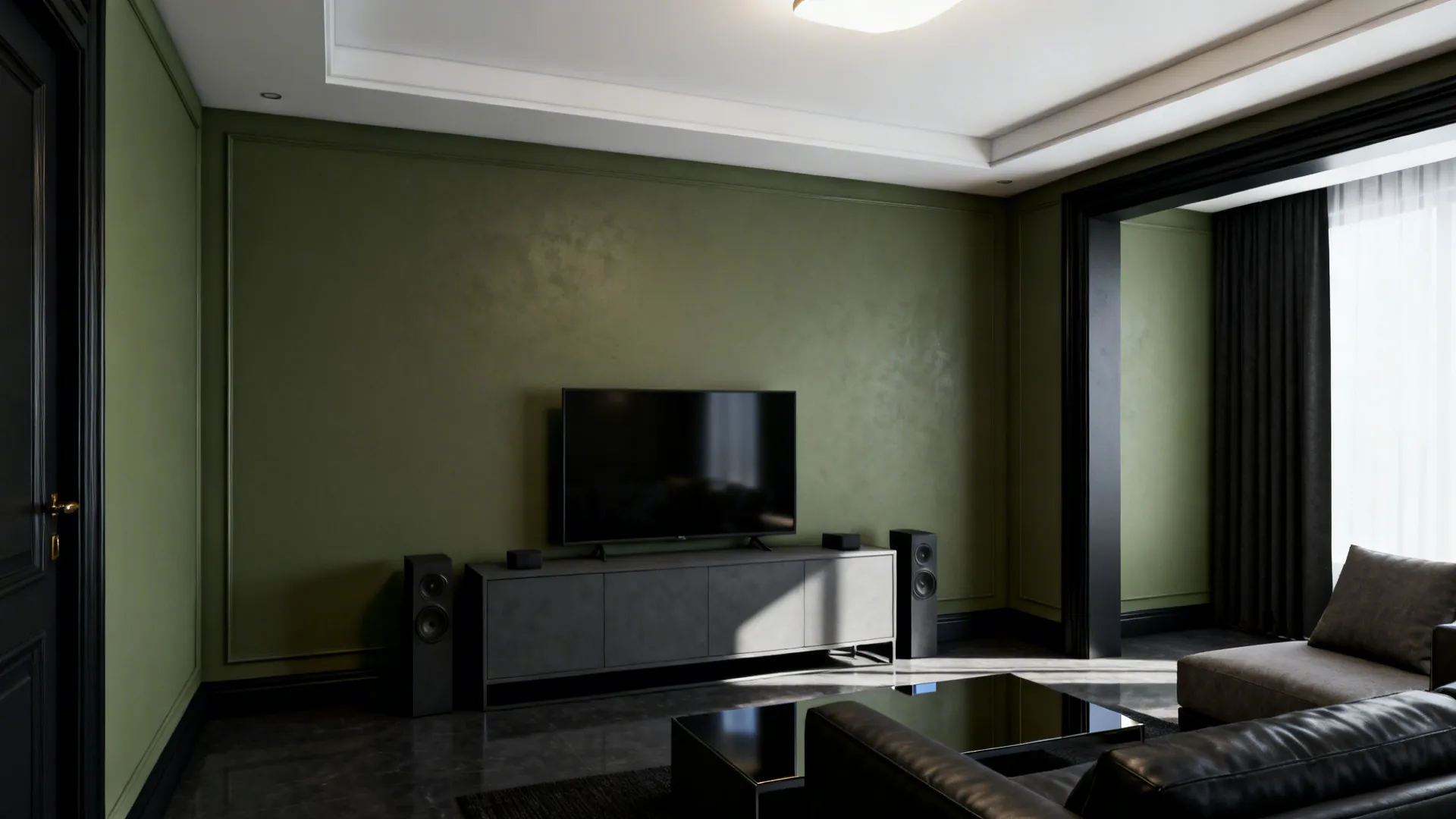 Sage walls with deep-charcoal trim and graphite media console in a small living room