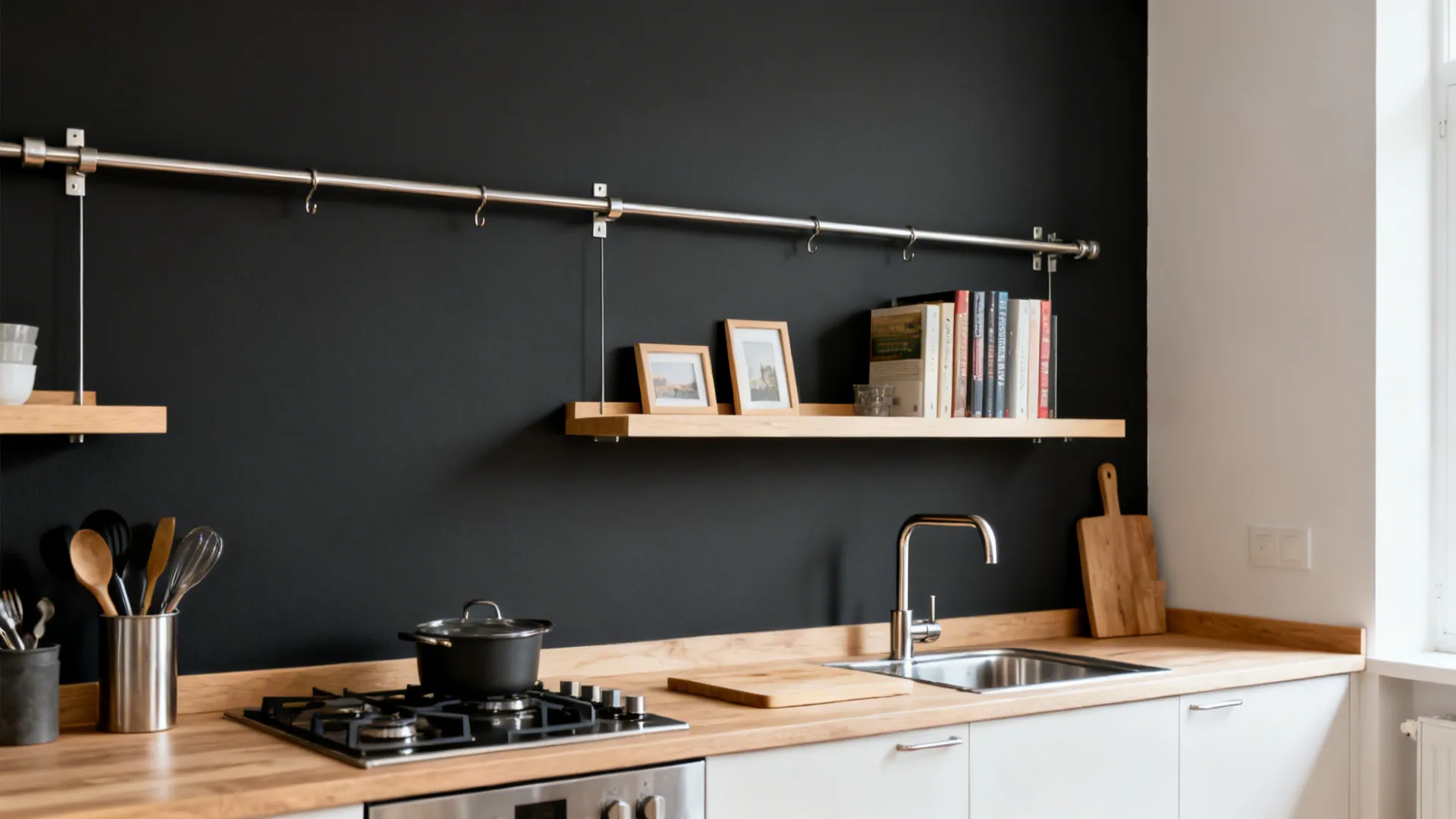 5) High-Contrast Charcoal Wall with Light Wood Accents