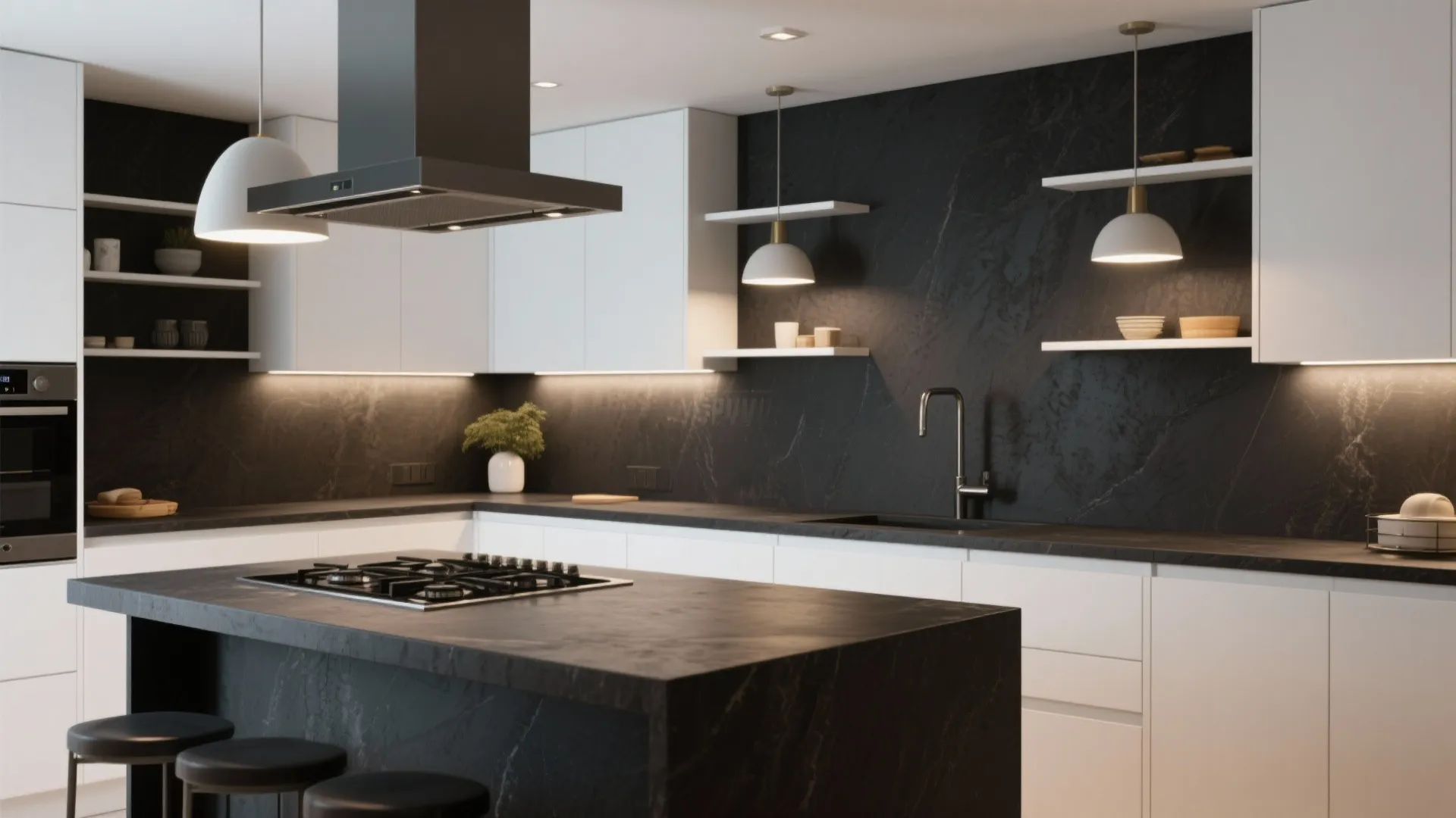 Modern kitchen featuring black stone walls white cabinets dark island stools and white ceiling lights