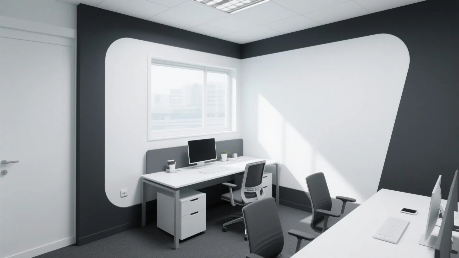 Modern office interior with white desks black walls grey chairs computer monitors and large bright windows
