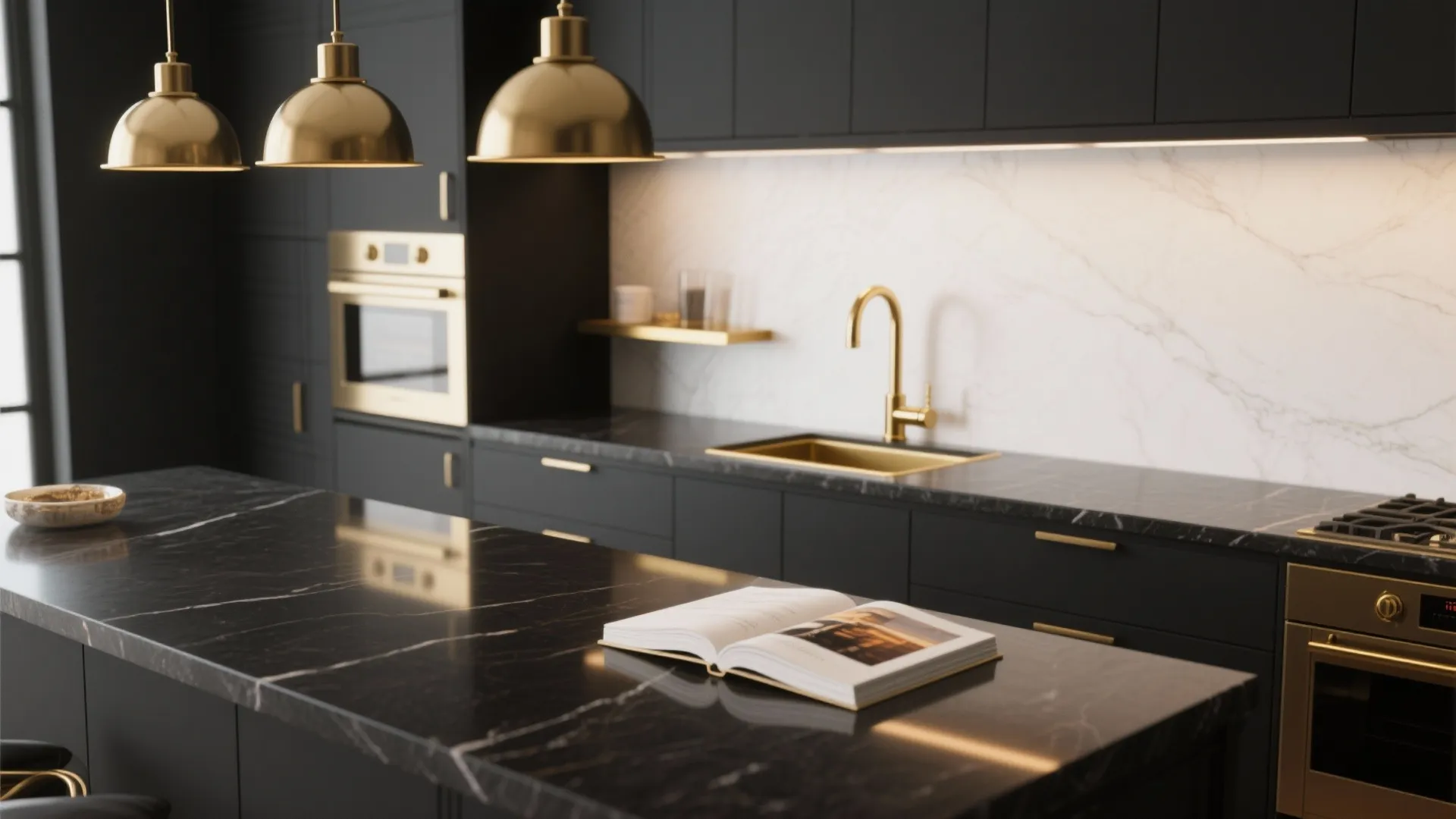 2. Monochrome Countertops with Gold Accents
