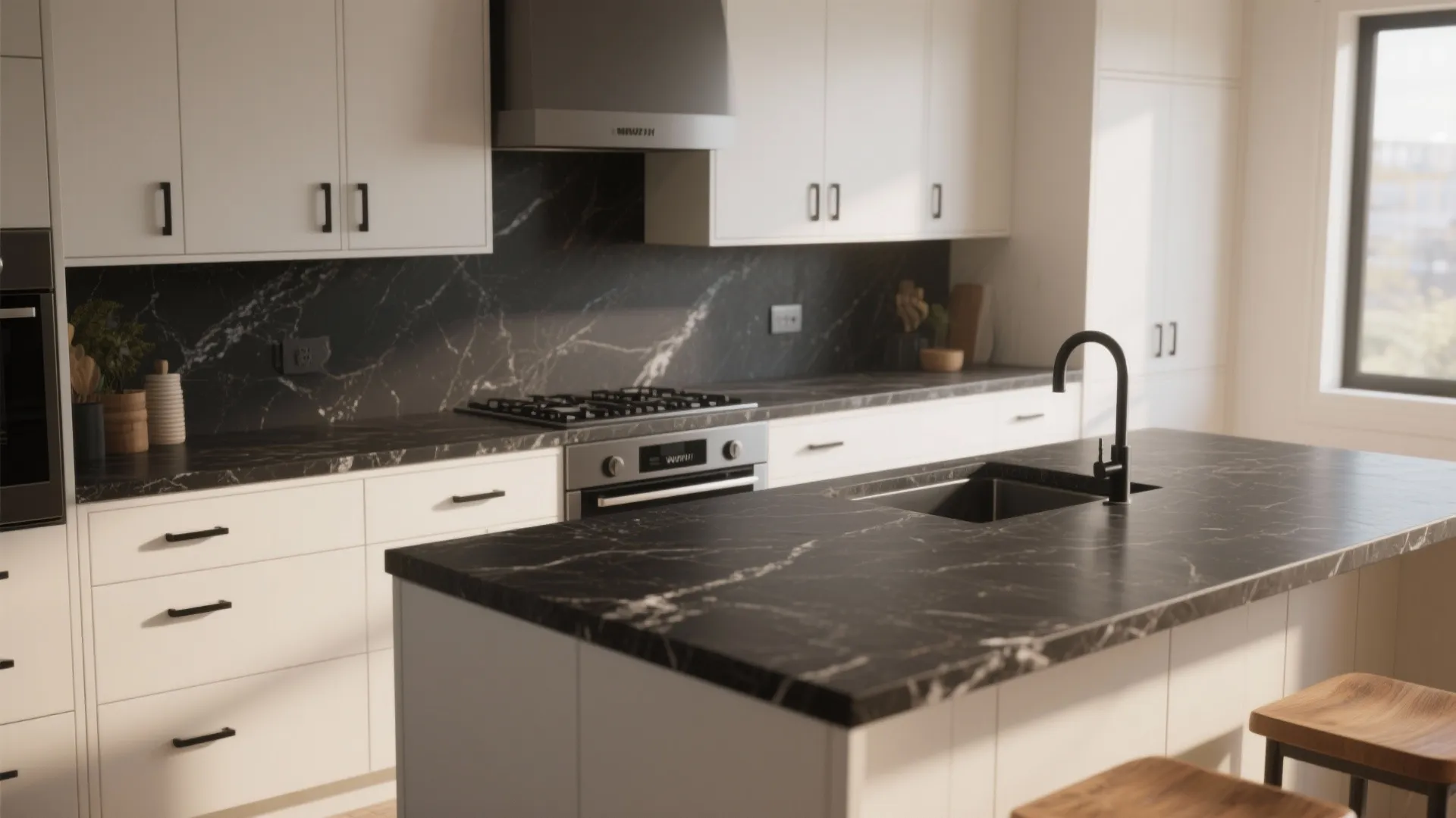 Modern white kitchen design with black marble counter top matching wall panel and black faucet