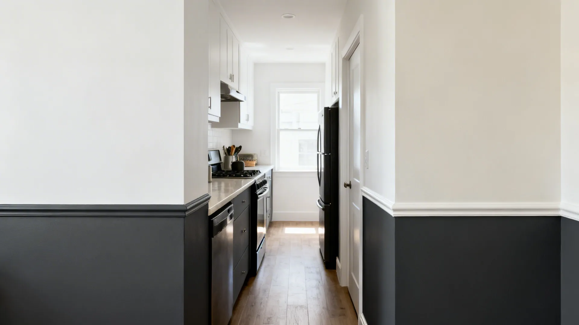 Small galley kitchen showing all-white walls versus a charcoal lower dado with linen white above for added structure.