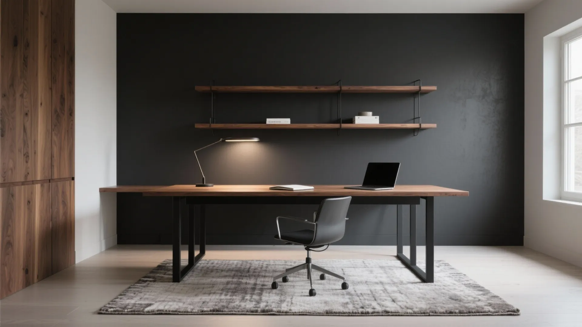 Modern workspace with black wall wooden desk black chair table lamp and wooden wall shelves display