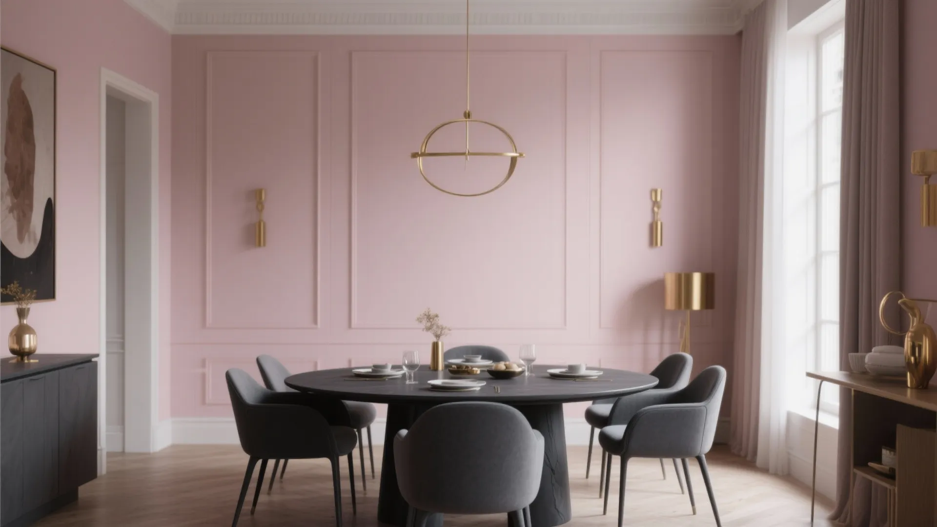 Modern pink dining room with round black table grey chairs gold ceiling light and panels