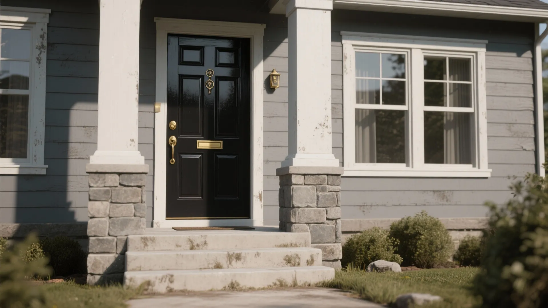 Front entrance featuring a black front door with gold hardware white pillars and stone base