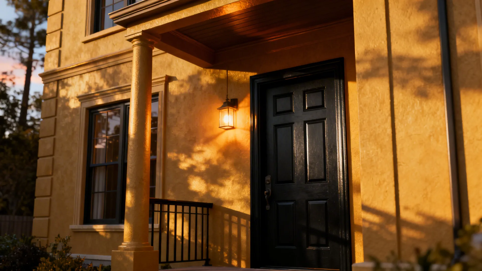 Tan house with a rich charcoal front door creating strong contrast and emphasizing architectural detail.
