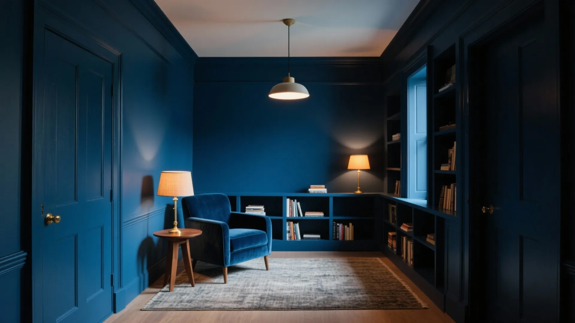 Dark blue study room with velvet sofa blue bookshelf small wooden table and hanging ceiling light