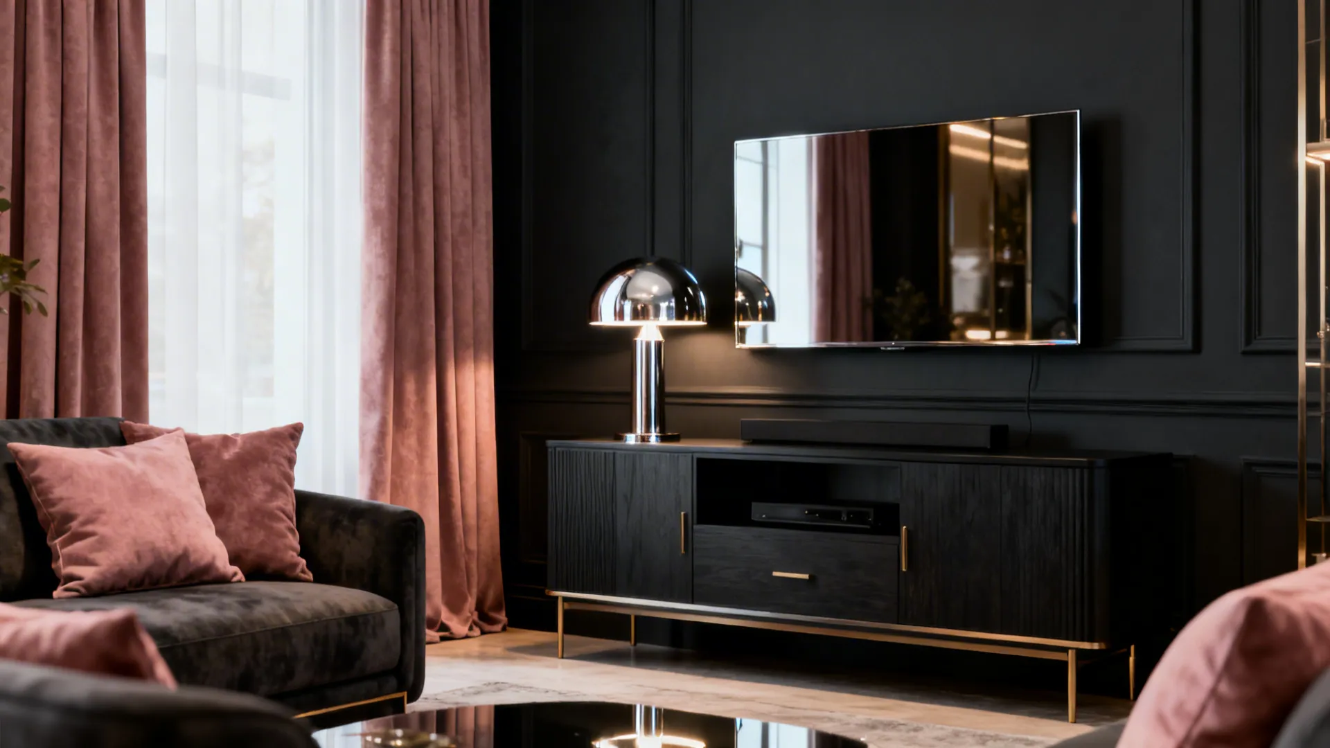 Living room with a charcoal accent wall softened by dusty rose textiles and metallic accents.