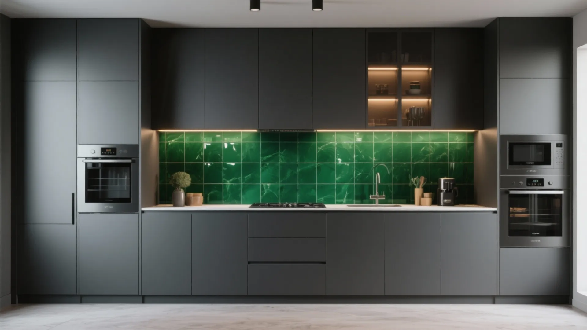 Modern dark grey kitchen cabinets featuring a bright green marble wall and integrated home appliances