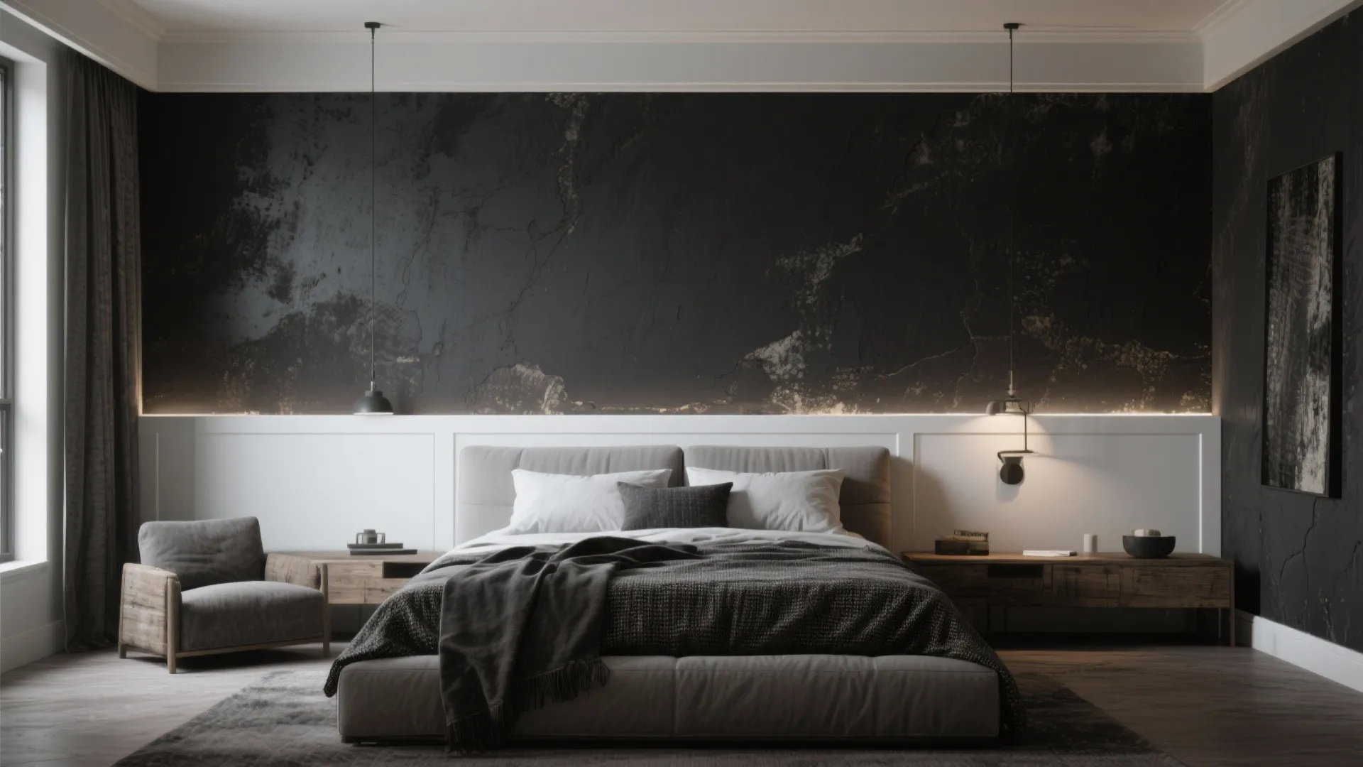 Modern bedroom with black textured wall panel white wood trim grey bed and small armchair