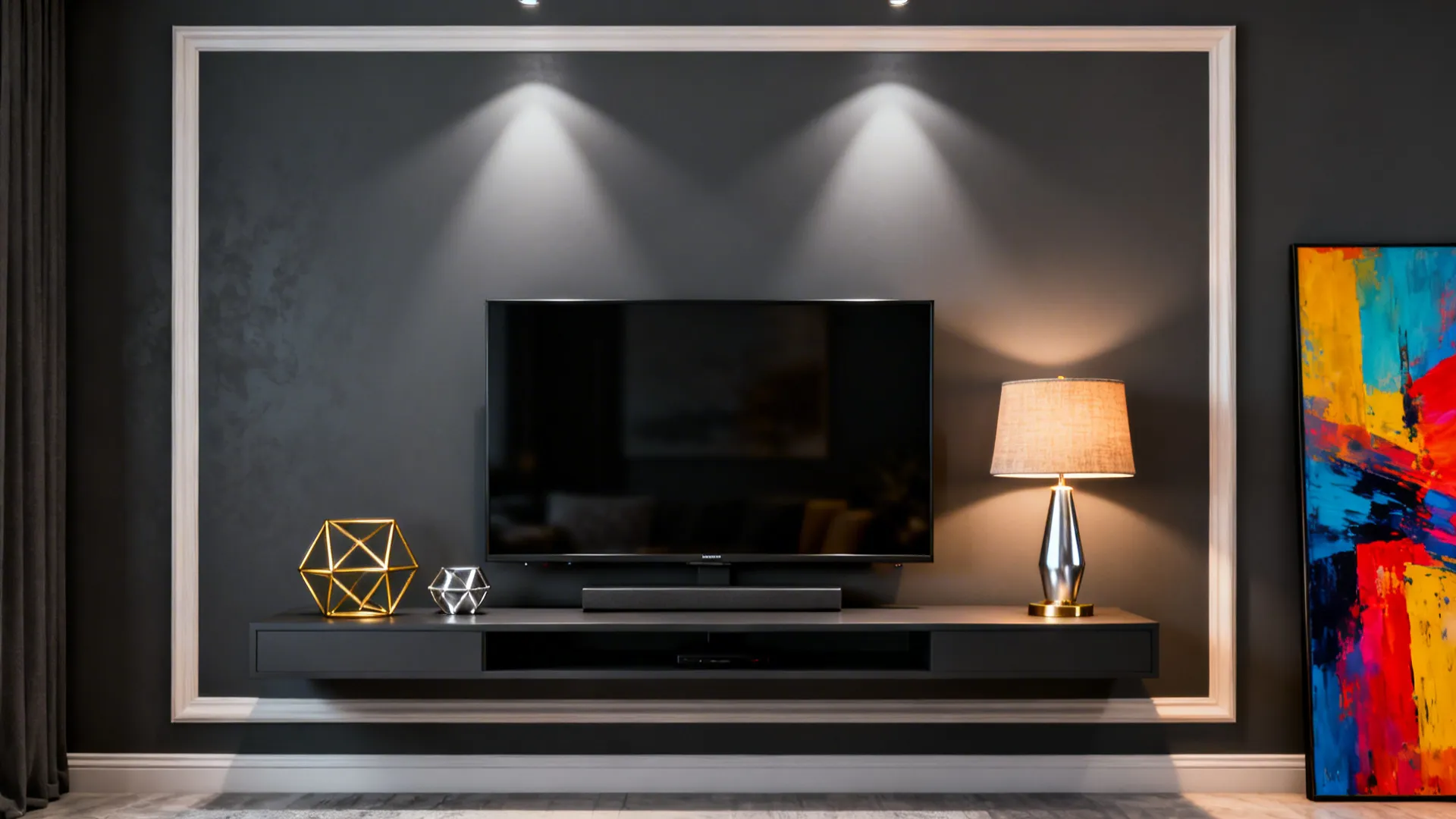 Modern media wall with charcoal grey feature and white trim, TV nearly disappearing and art popping.