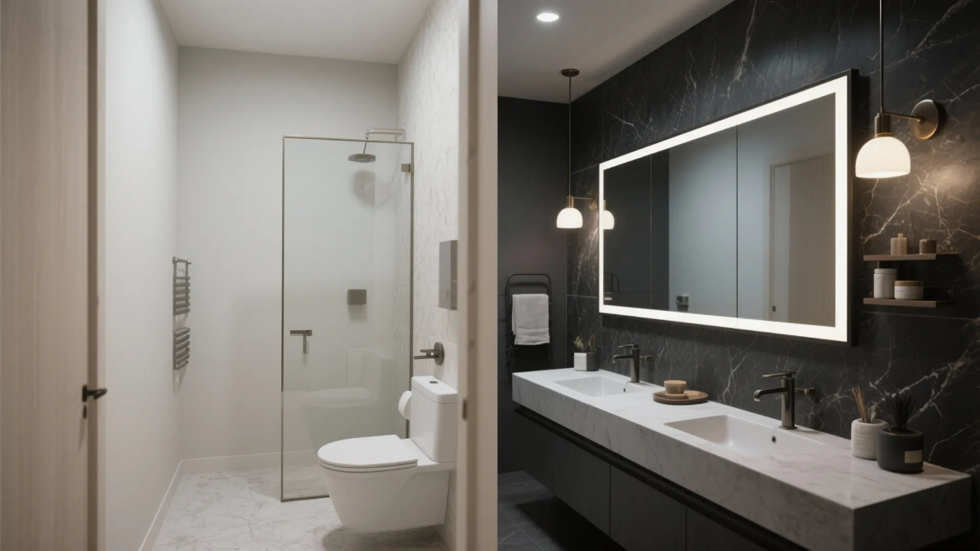 Before and after view showing a charcoal feature wall behind a vanity to add drama