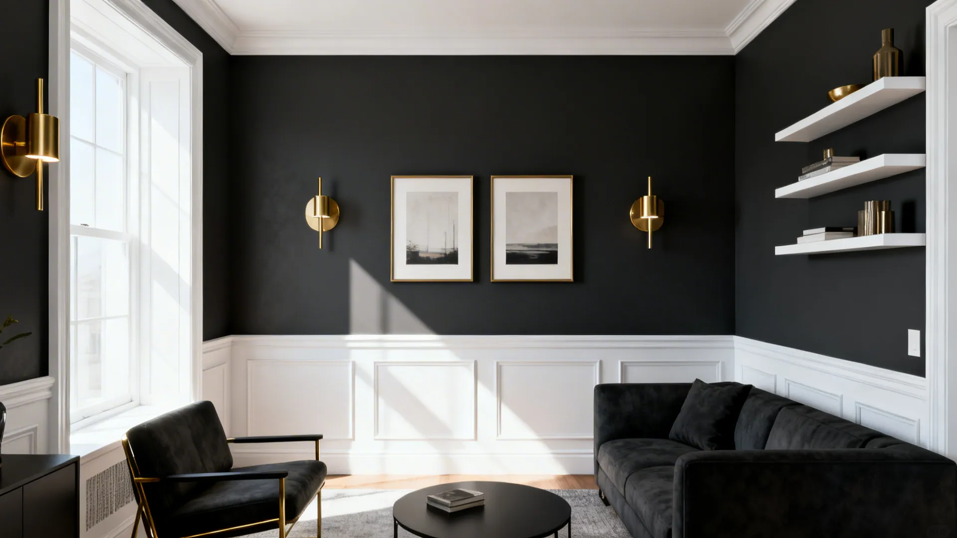 Small living room with a charcoal feature wall, white trim, shelves and brass accents.