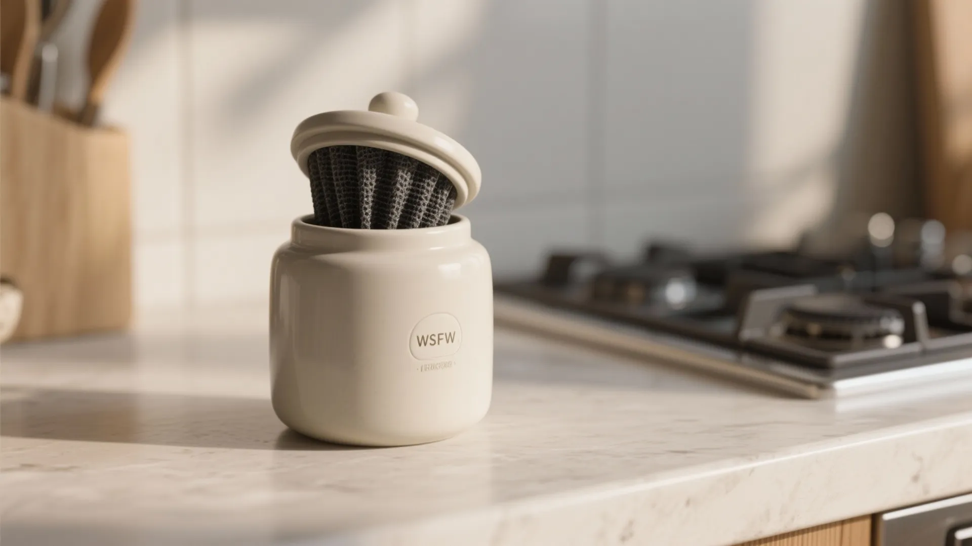 Small white ceramic storage jar with charcoal filter insert placed on a bright kitchen countertop