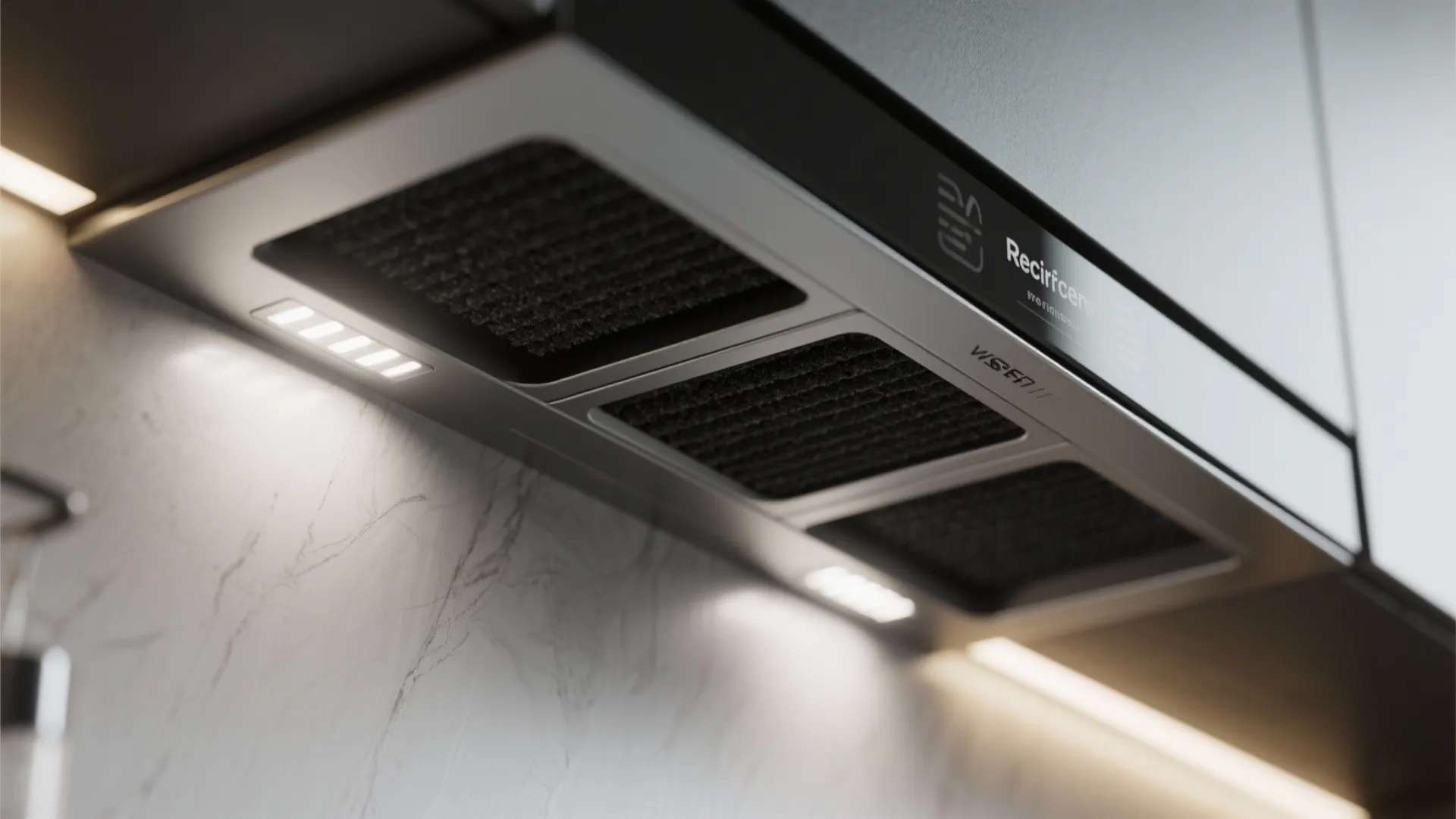 Close up of a kitchen range hood with black mesh filters and built in LED lights