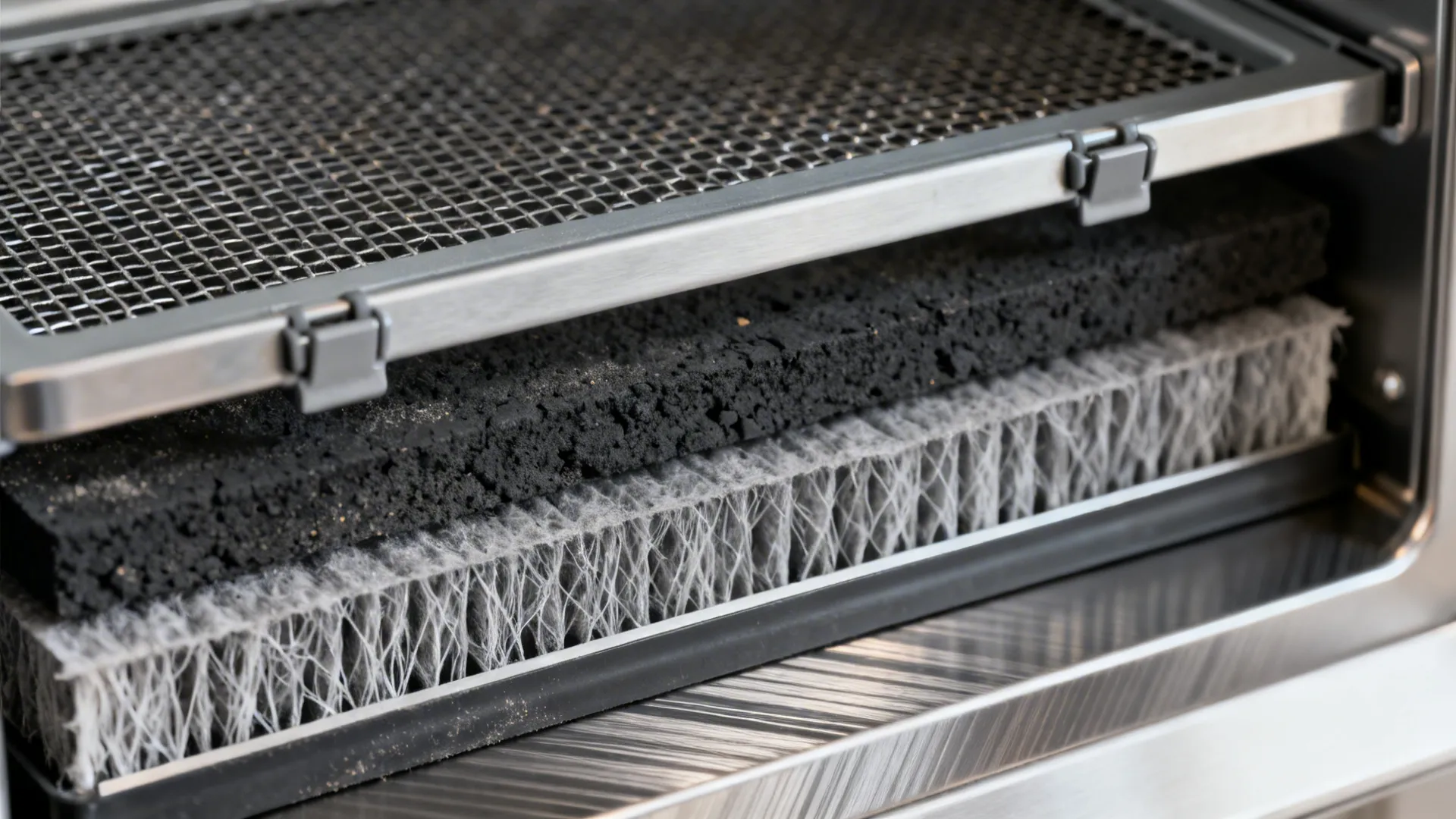 Close-up of layered charcoal and particulate filters inside a recirculating range hood.