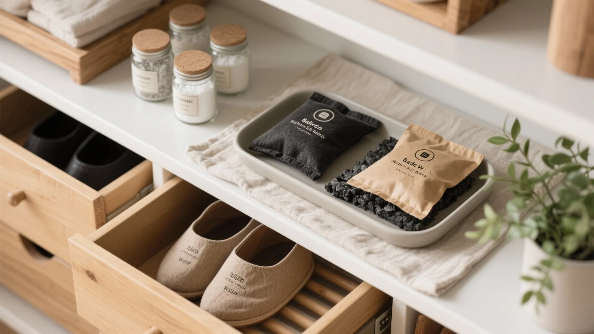 Charcoal bags on tray near glass jars with slippers inside an open wooden closet drawer
