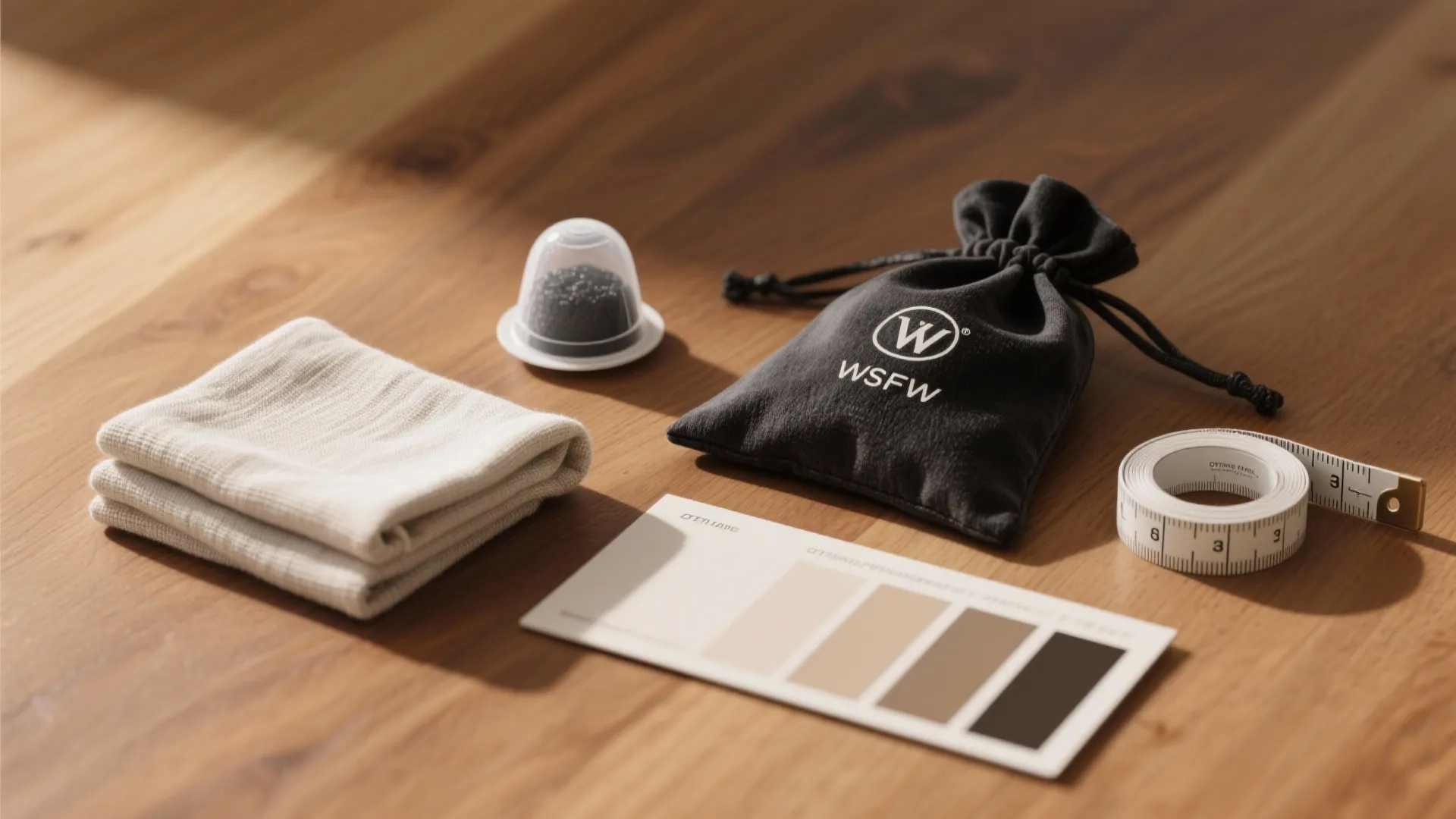 Fabric samples black small bag white measuring tape and folded white cloth on wooden table surface