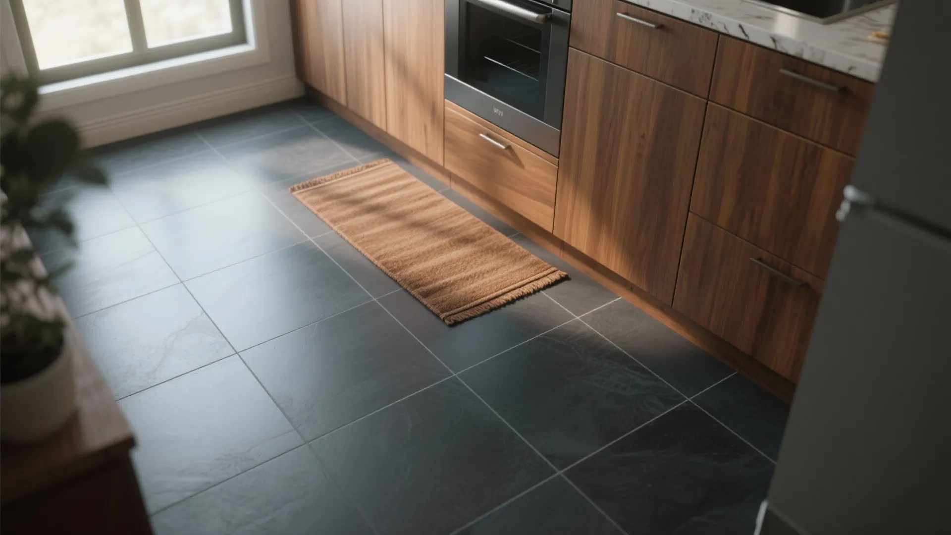 Kitchen interior with dark grey floor tiles brown wooden cabinets and a small brown rug