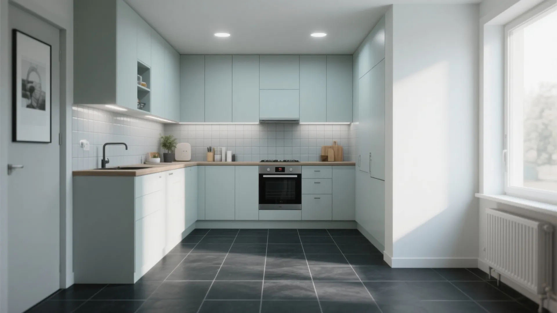 2. Matte Charcoal Floors with Pale Gray Backsplash
