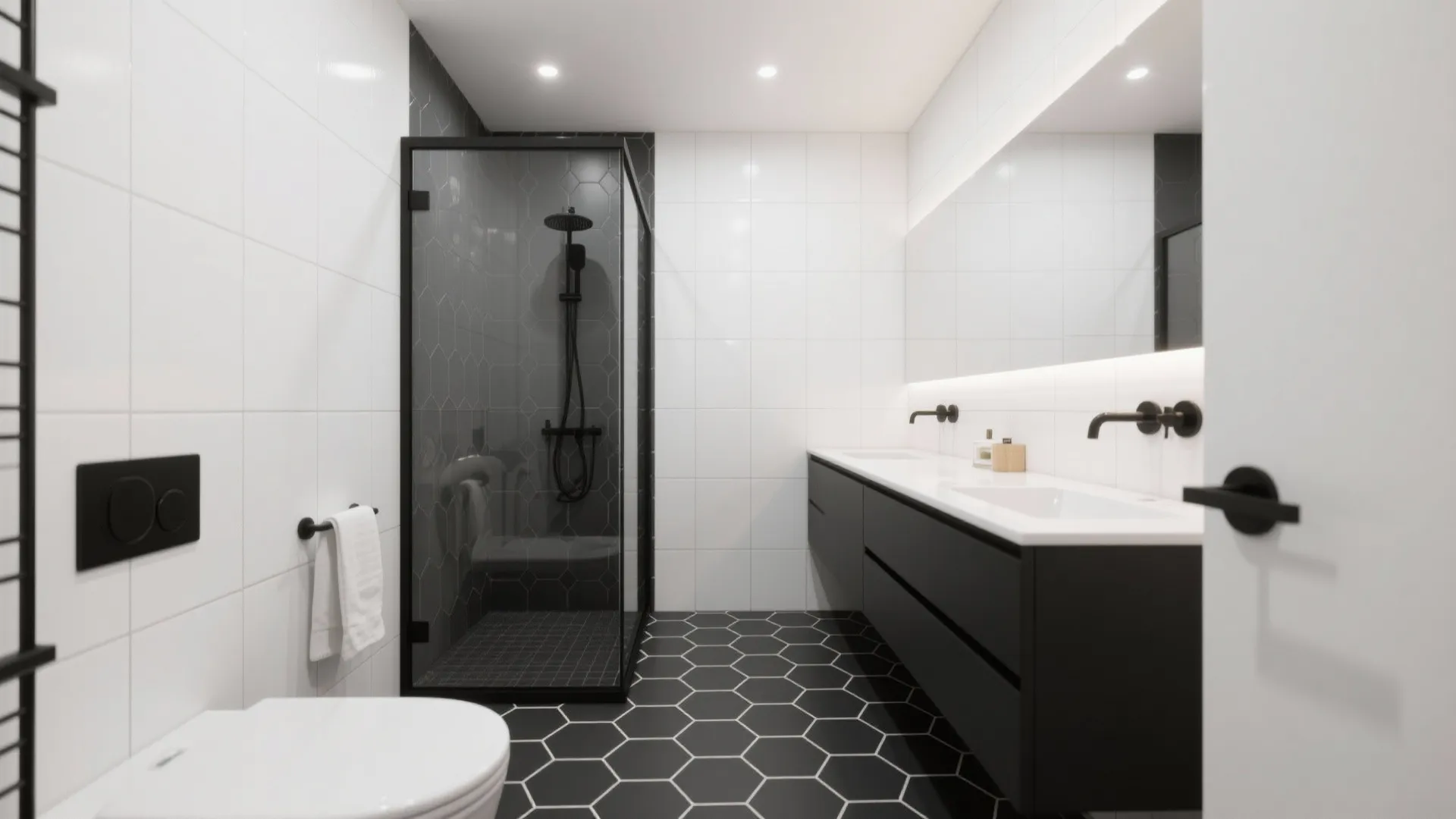 Charcoal hex tile floor with bright white wall tiles in a compact modern bathroom.