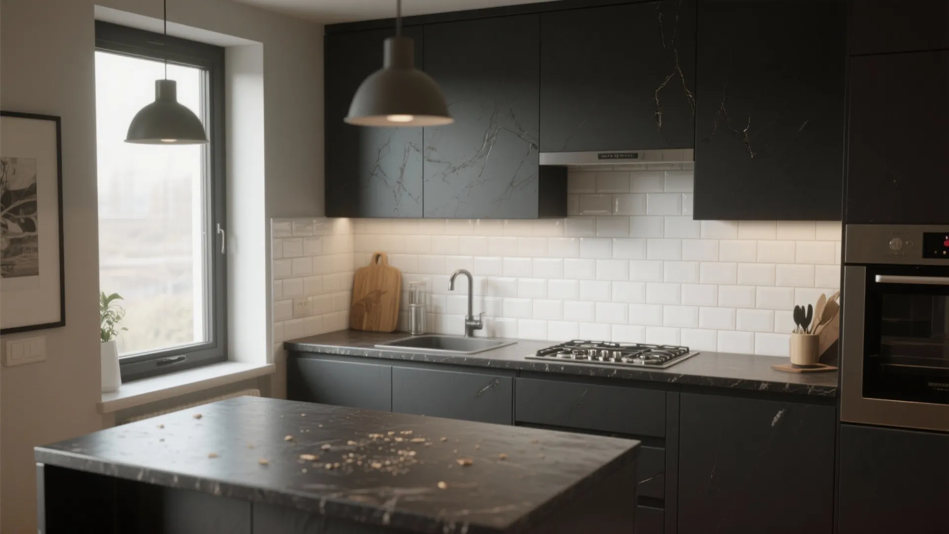 Compact kitchen with deep charcoal Formica countertops and white backsplash creating strong contrast.