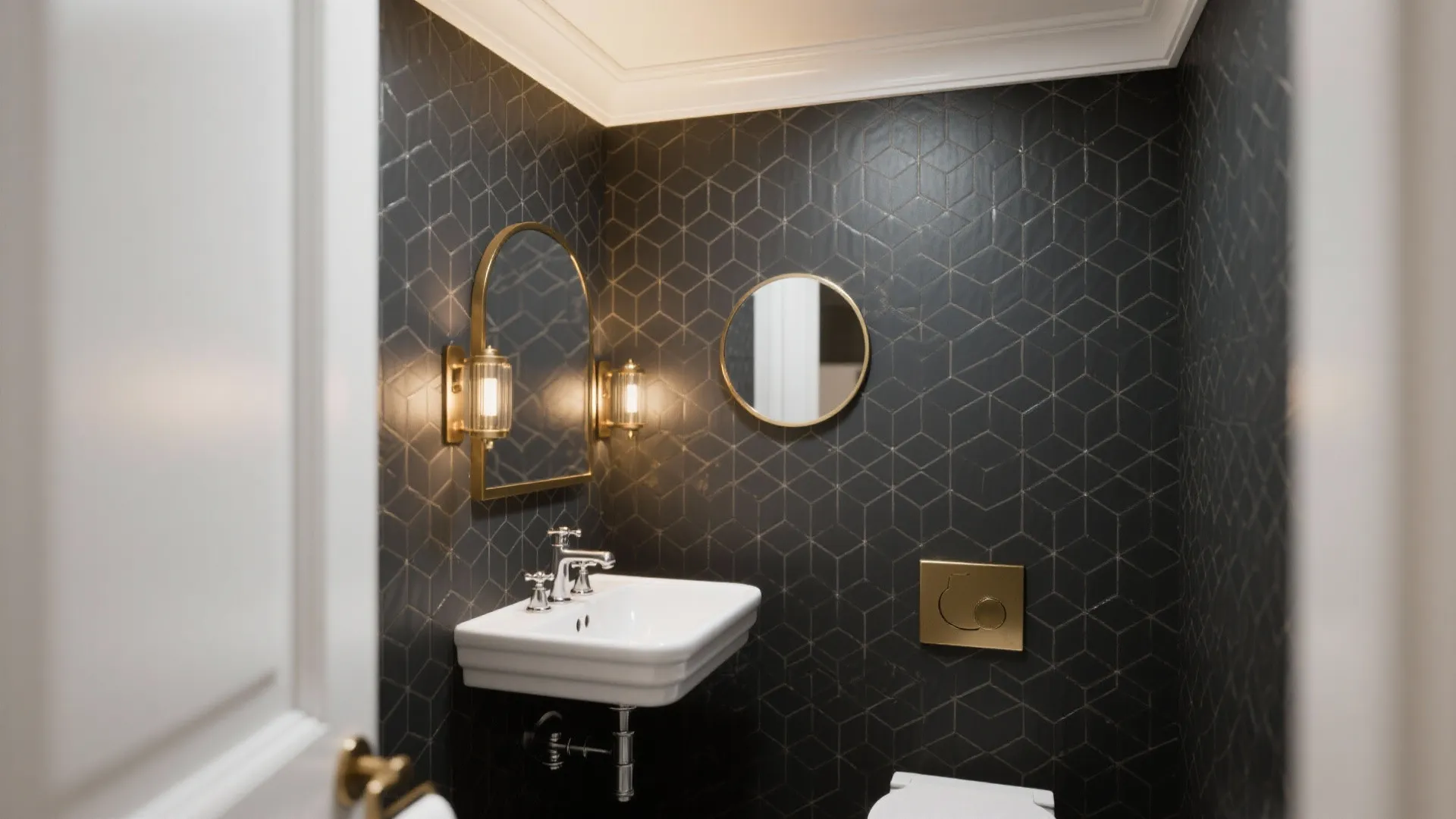 3) Charcoal geometric wallpaper in a small powder room