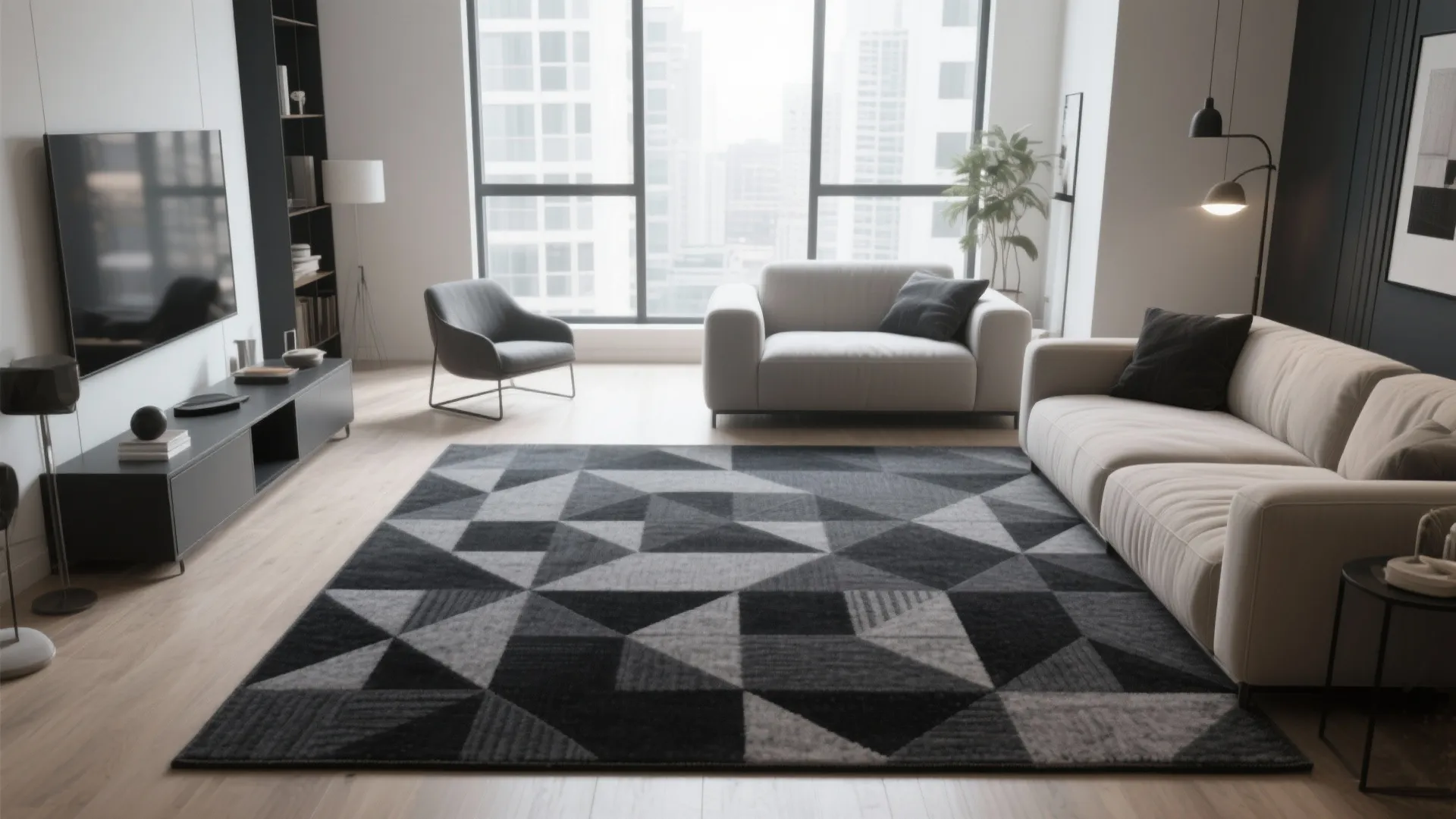 4. Geometric charcoal rug for modern contrast