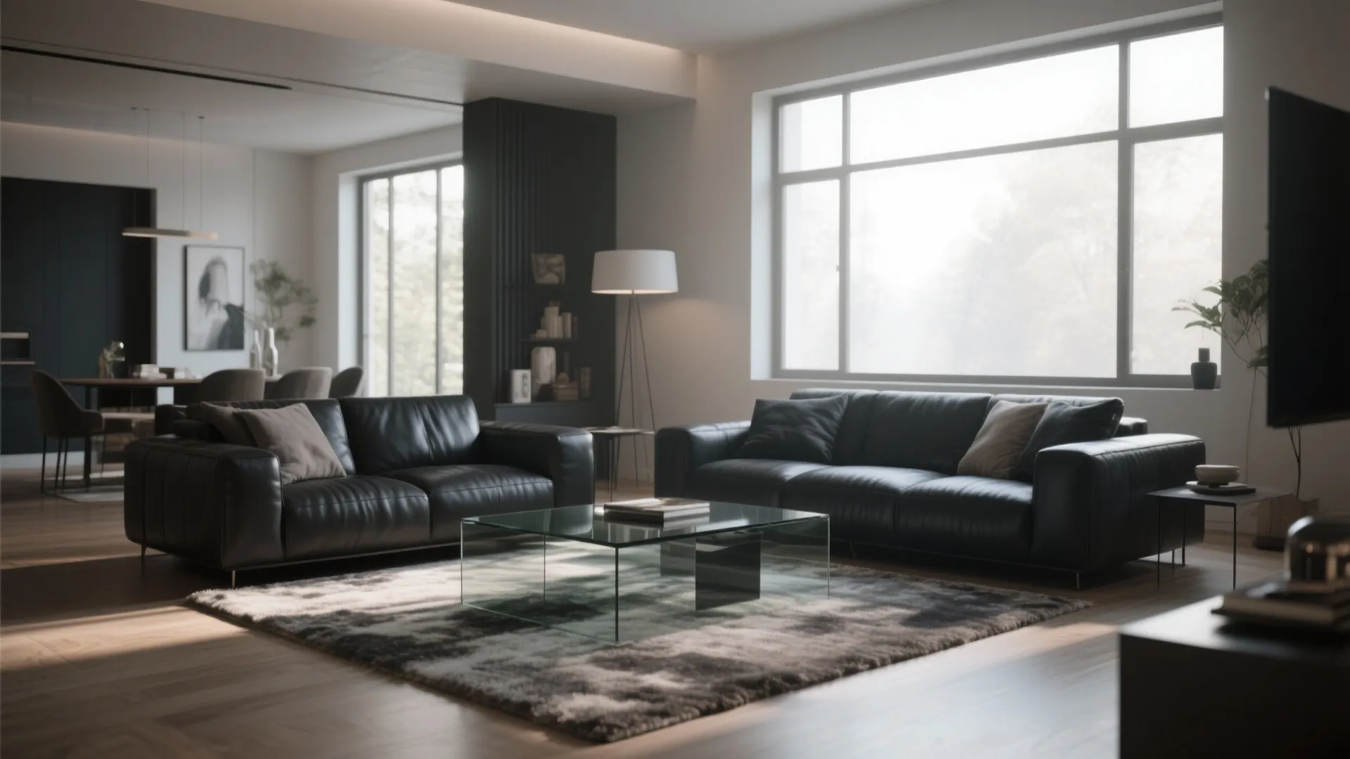 Minimalist living room with black leather sofas glass coffee table large windows and soft natural light