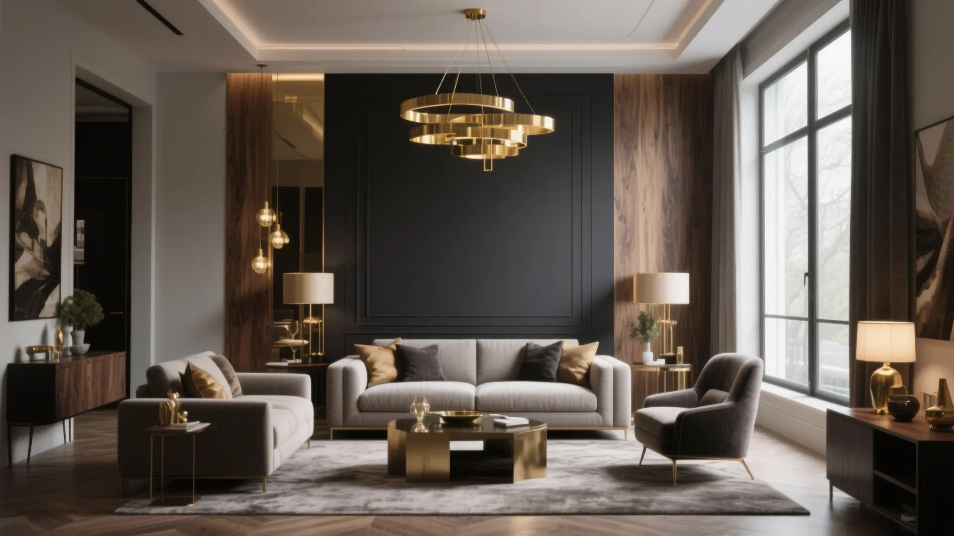 Modern luxury living room featuring charcoal wall gold ceiling light grey sofa and wood wall panel