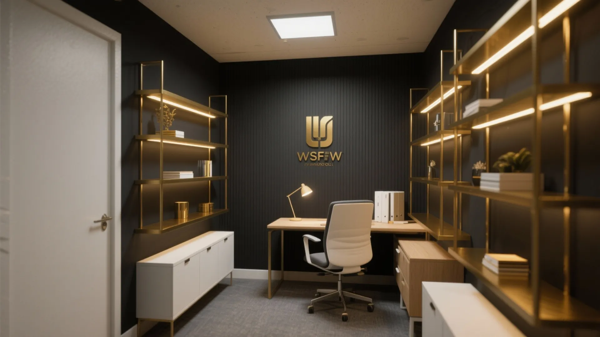 Charcoal walls in a small office with gold accents and warm LED lighting