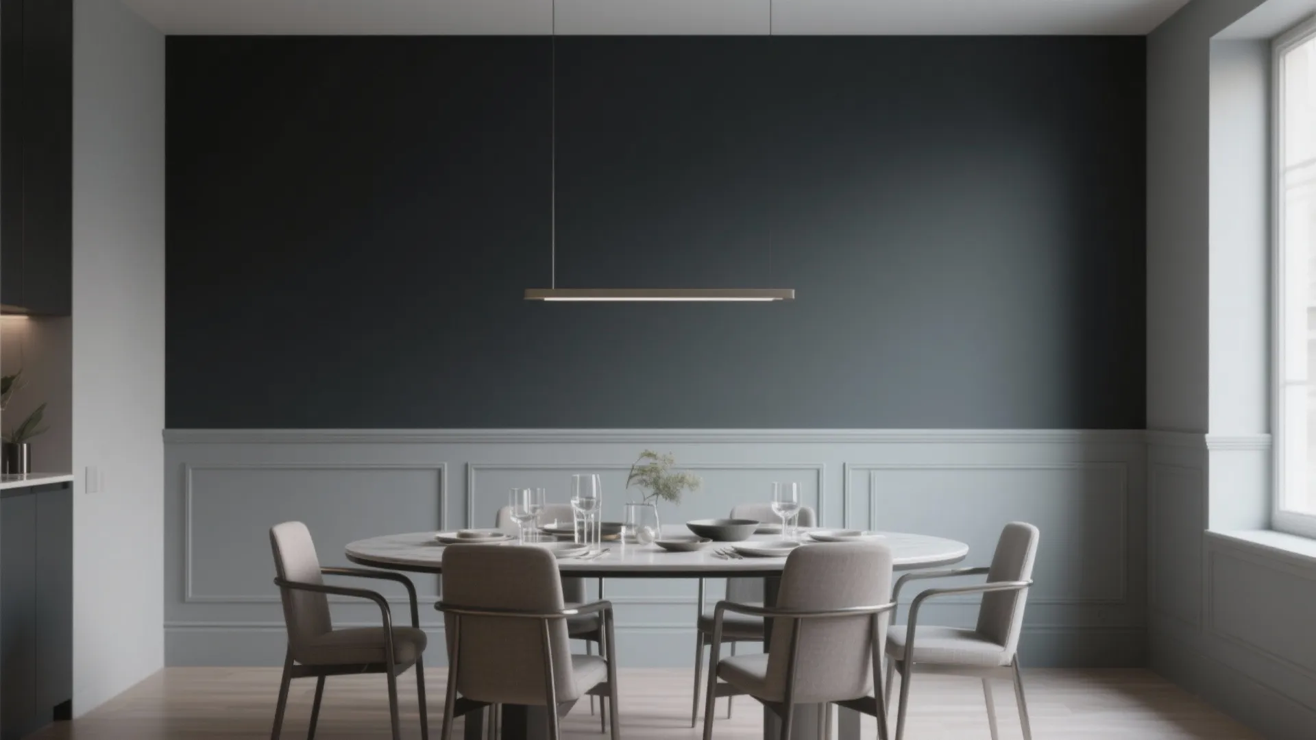 Dark grey dining room with light grey wall panels round marble table and ceiling light