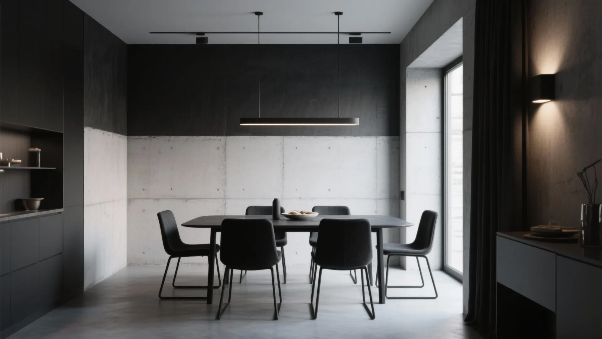 Minimalist dining room with concrete wall panels black table dark chairs and modern linear light fixture