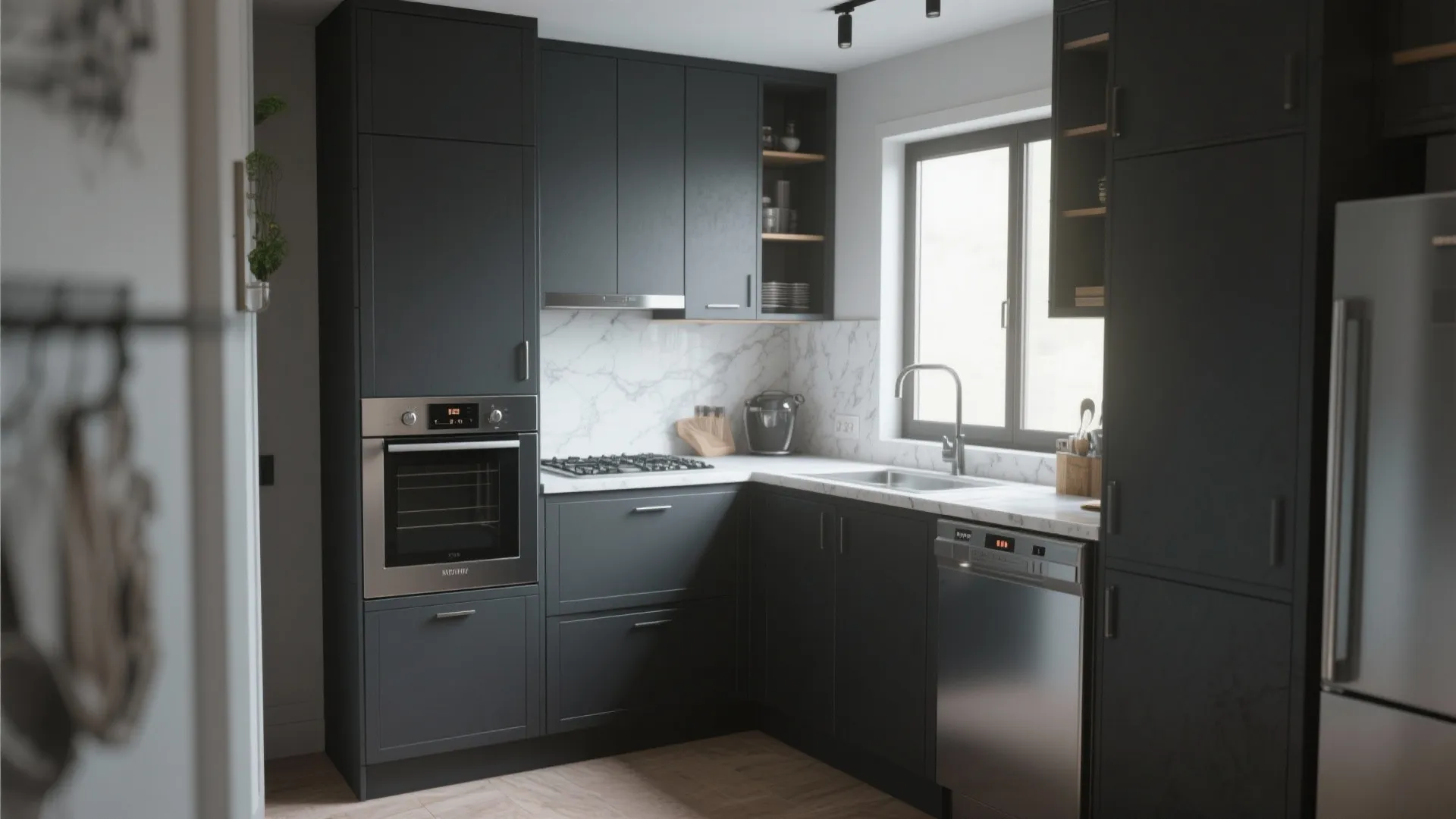 Modern dark gray kitchen with white marble walls stainless steel oven sink and wood floor