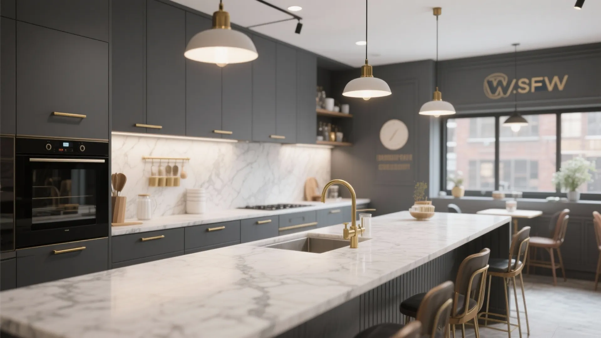 Modern gray kitchen featuring marble island gold faucet three white ceiling lights and dark cabinets