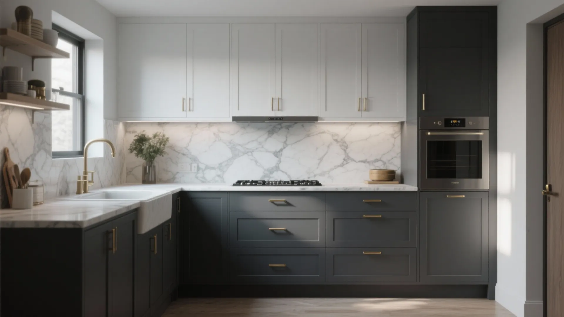 Modern dark gray and white kitchen featuring marble backsplash gold faucet and built-in oven design