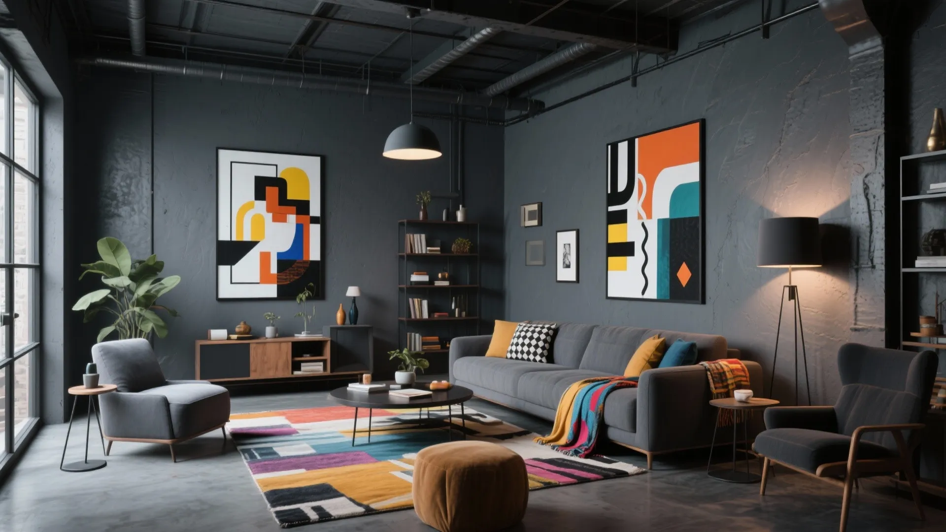 Loft living room with charcoal gray walls and vibrant art