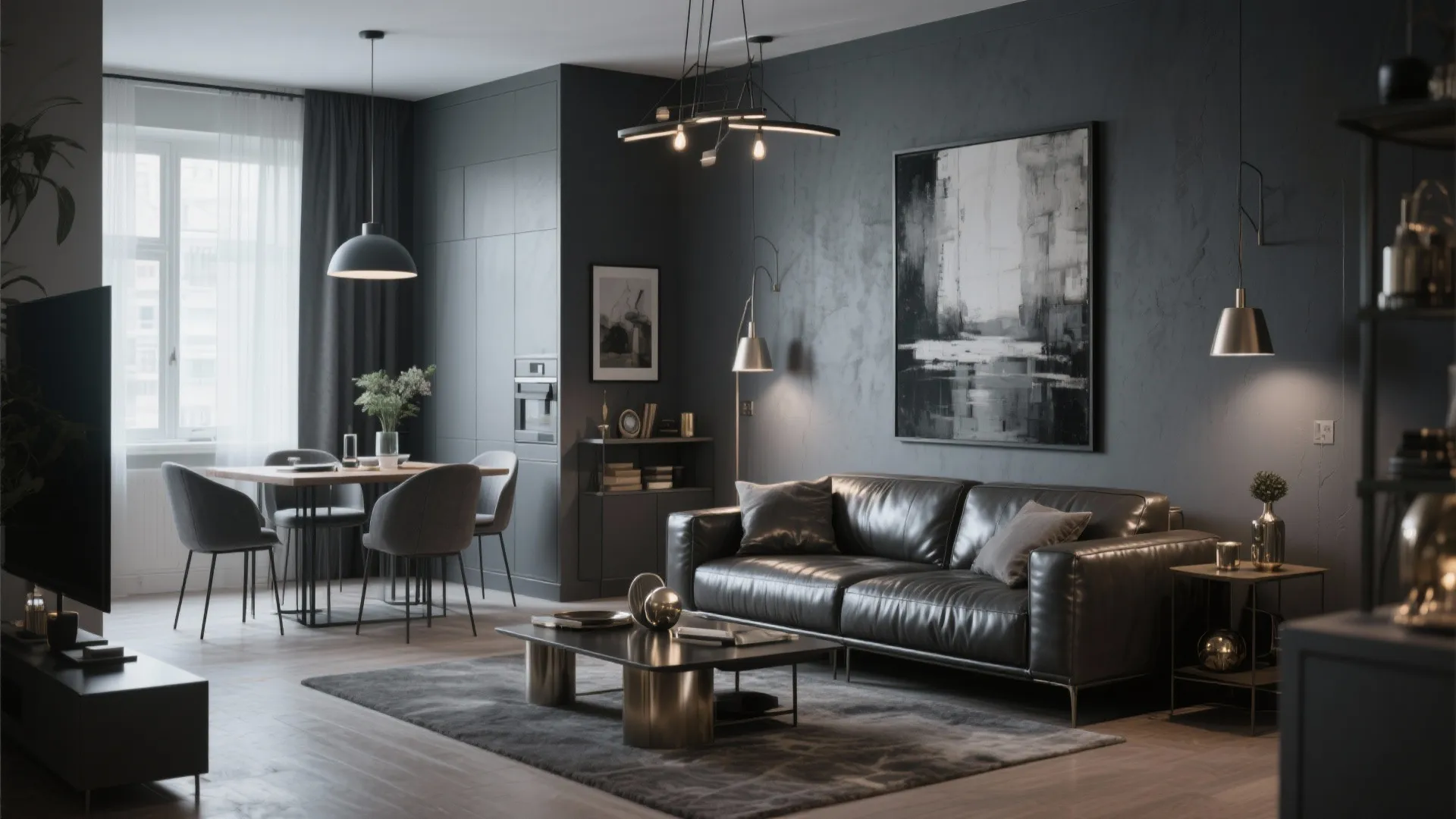 Modern charcoal grey living room with black leather sofa wooden dining table and dark art