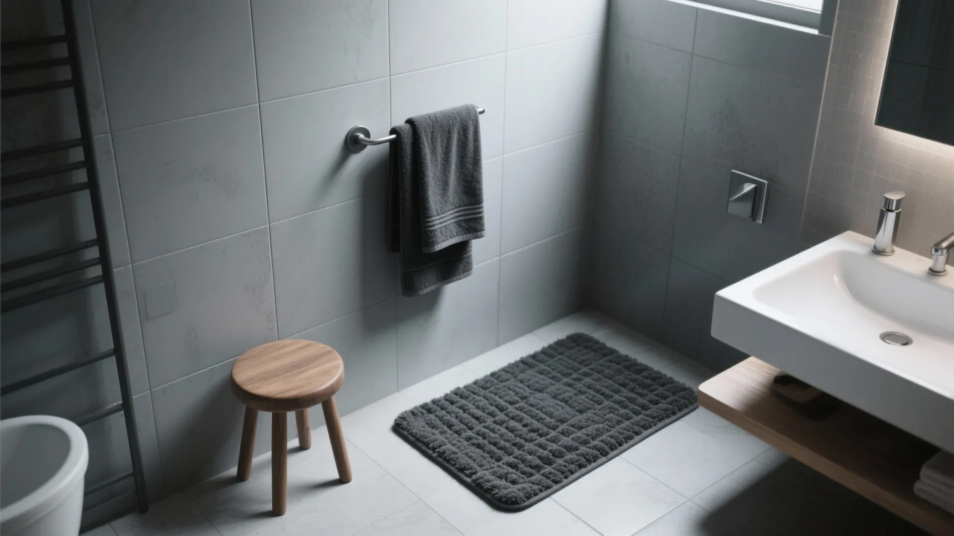 Modern grey bathroom featuring a small wooden stool dark floor mat and white ceramic sink