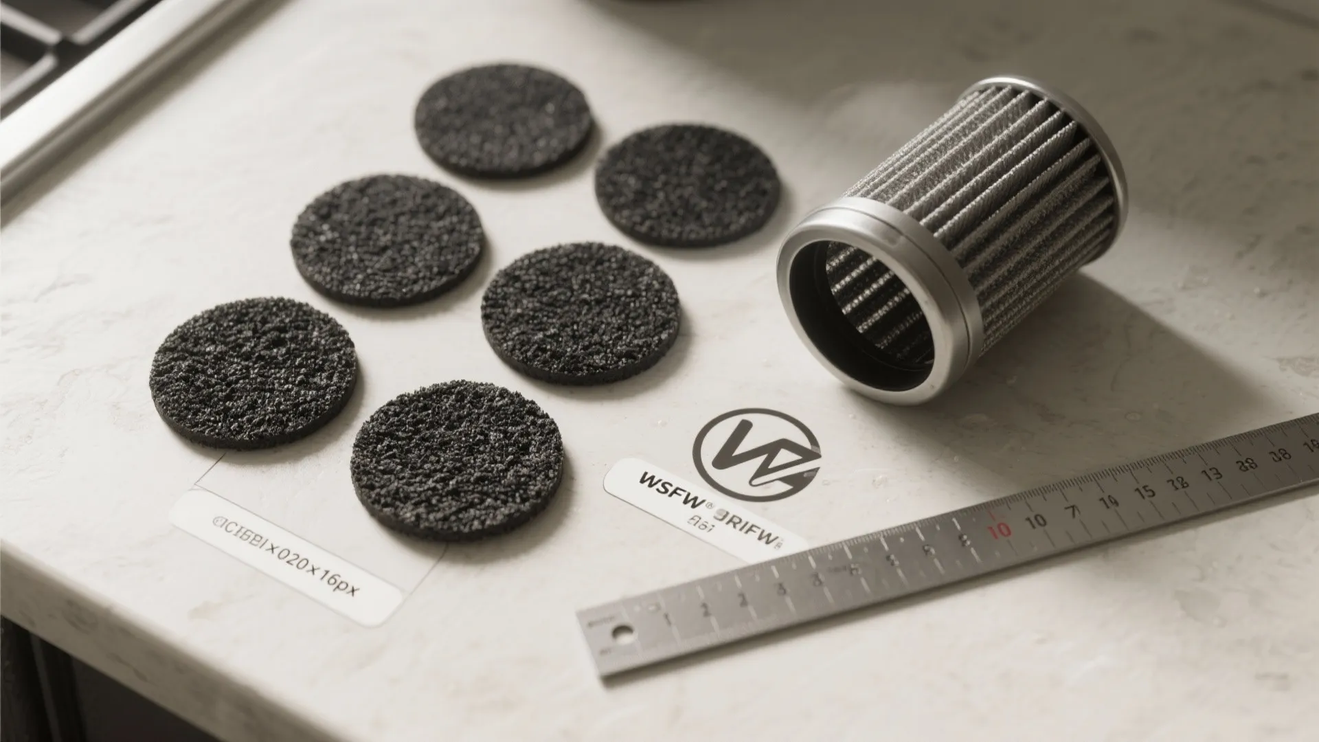 Six round black charcoal filters with one metal cylinder filter and a ruler on surface