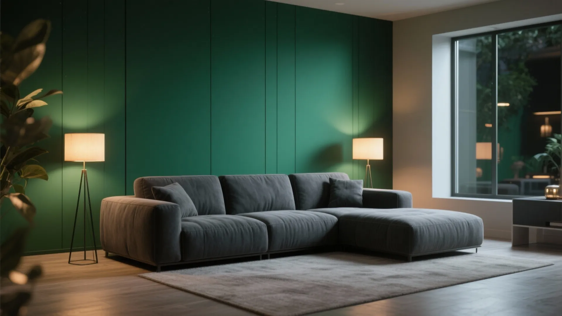 Modern living room featuring dark green wall panel grey sofa floor lamps and wood flooring