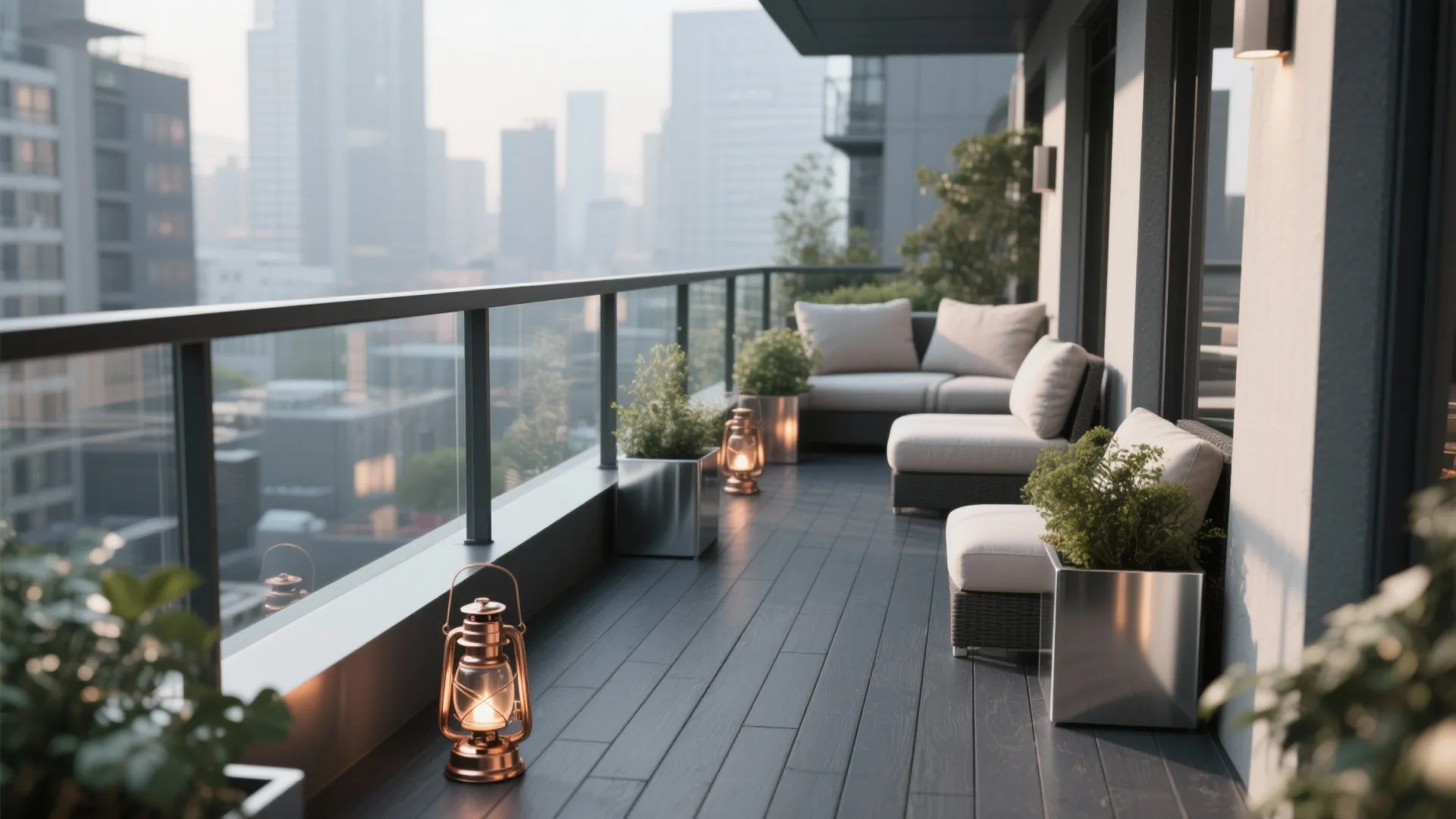 Modern balcony with dark flooring white outdoor sofa metal planters lanterns and misty city skyline