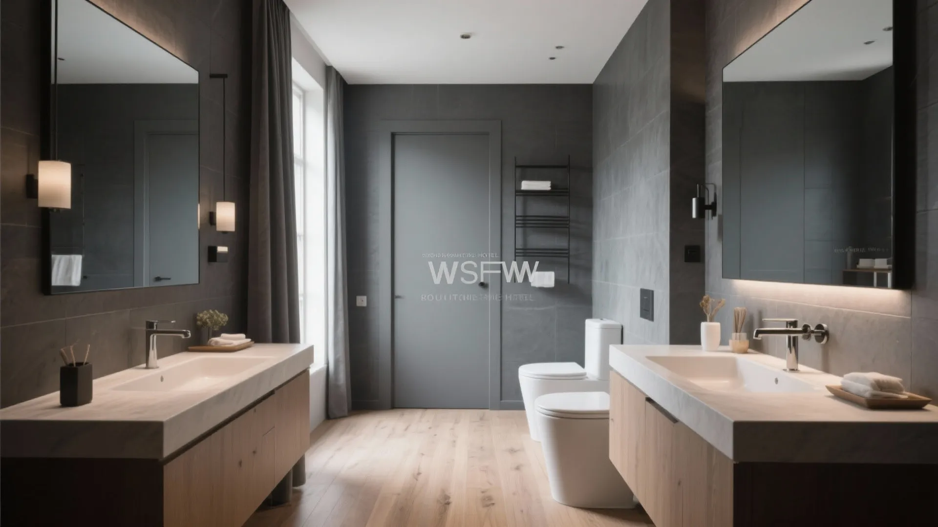 Modern bathroom with charcoal grey walls wooden floor dual sinks large mirrors and white toilets