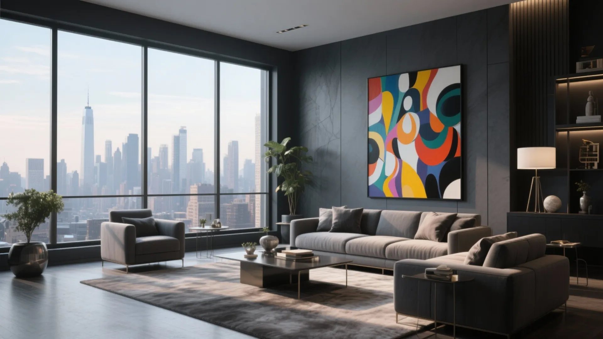 Charcoal grey living room in penthouse with skyline view